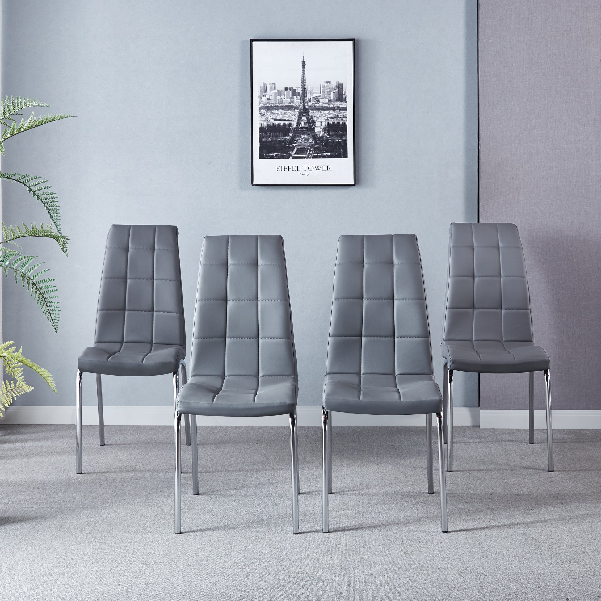 Modern Lattice Designdining Chair With Silver Metal Legs Set Of 4 Grey Leather