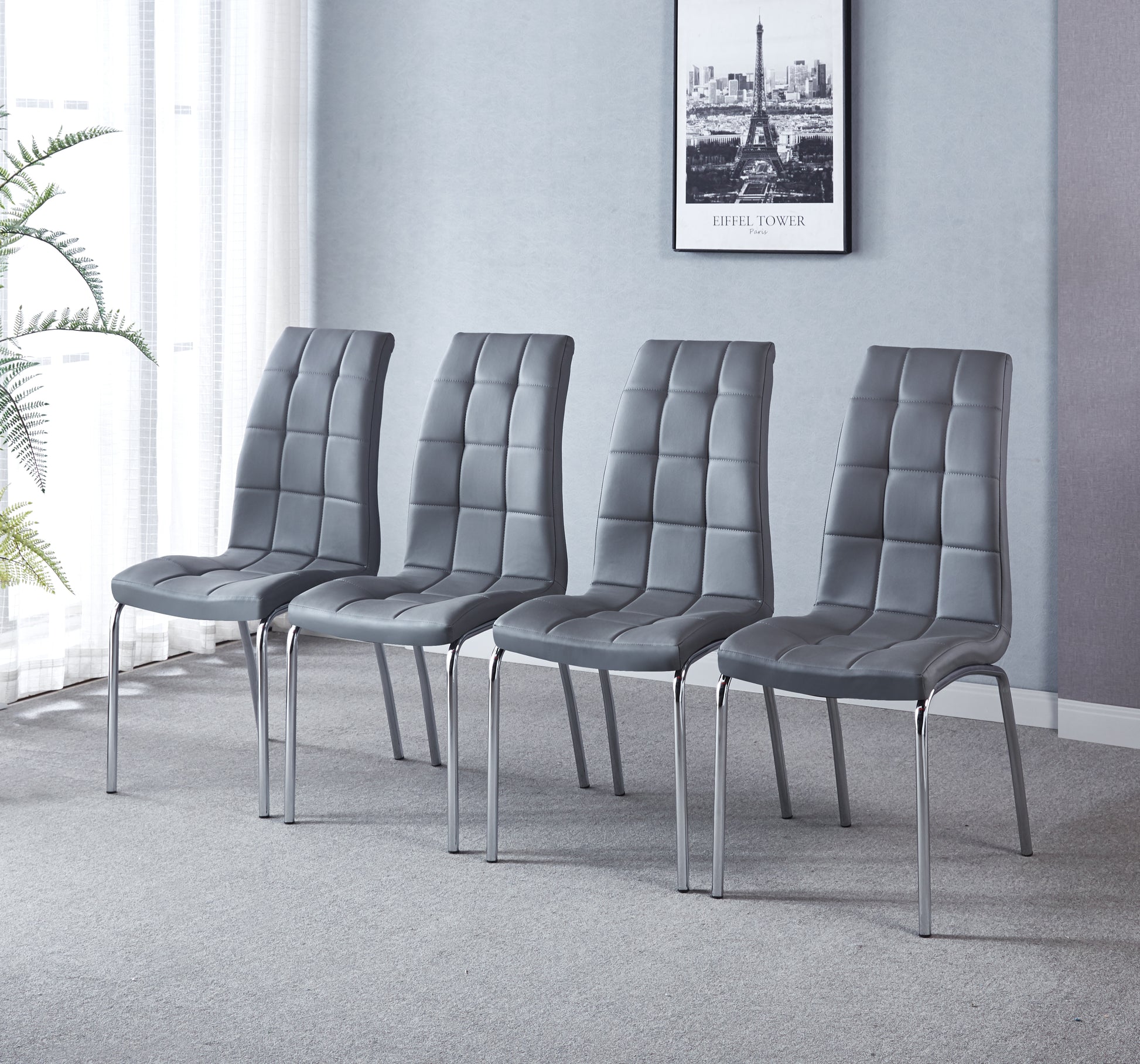 Modern Lattice Designdining Chair With Silver Metal Legs Set Of 4 Grey Leather