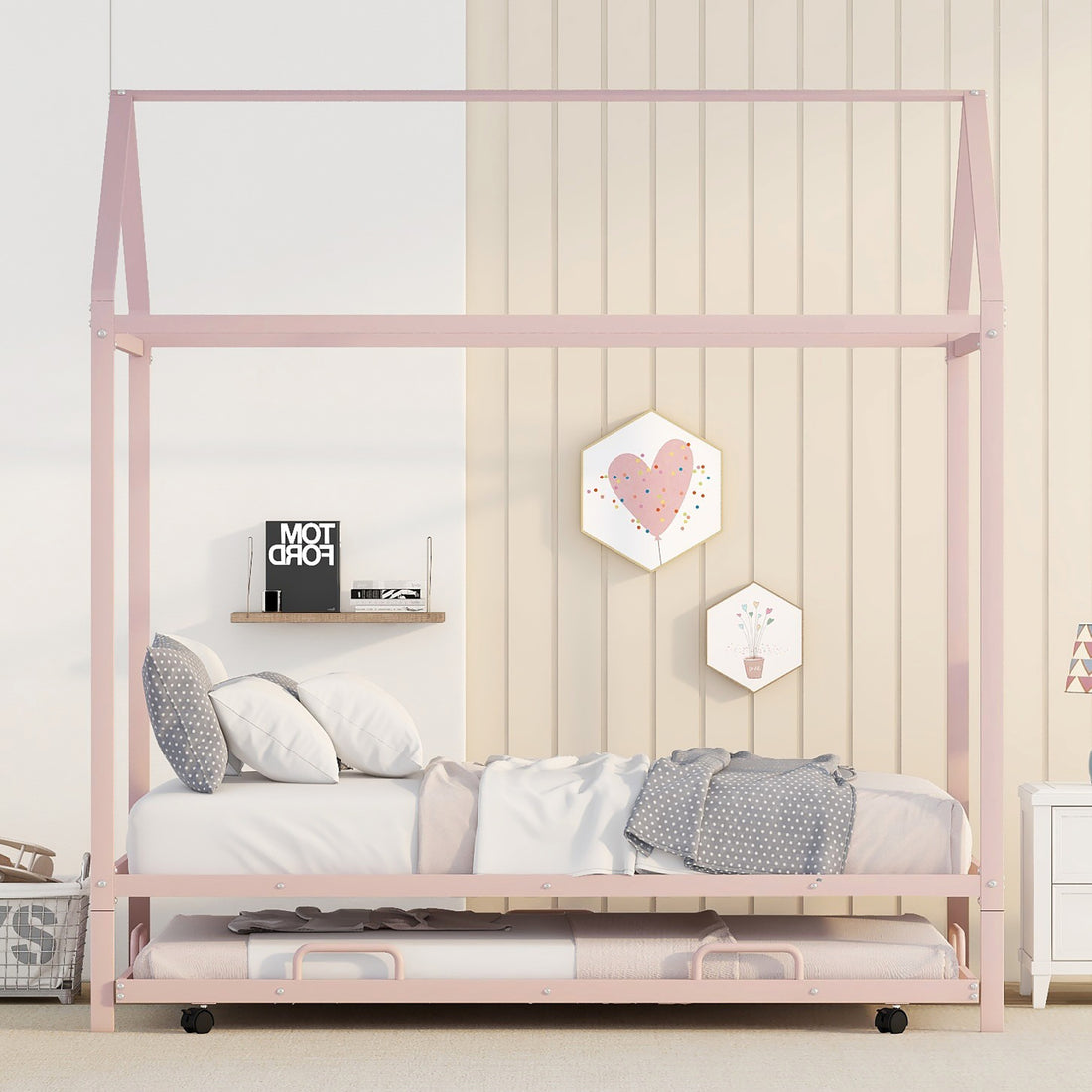 Twin Size Kids House Bed With Trundle, Metal House Bed Pink Pink Metal