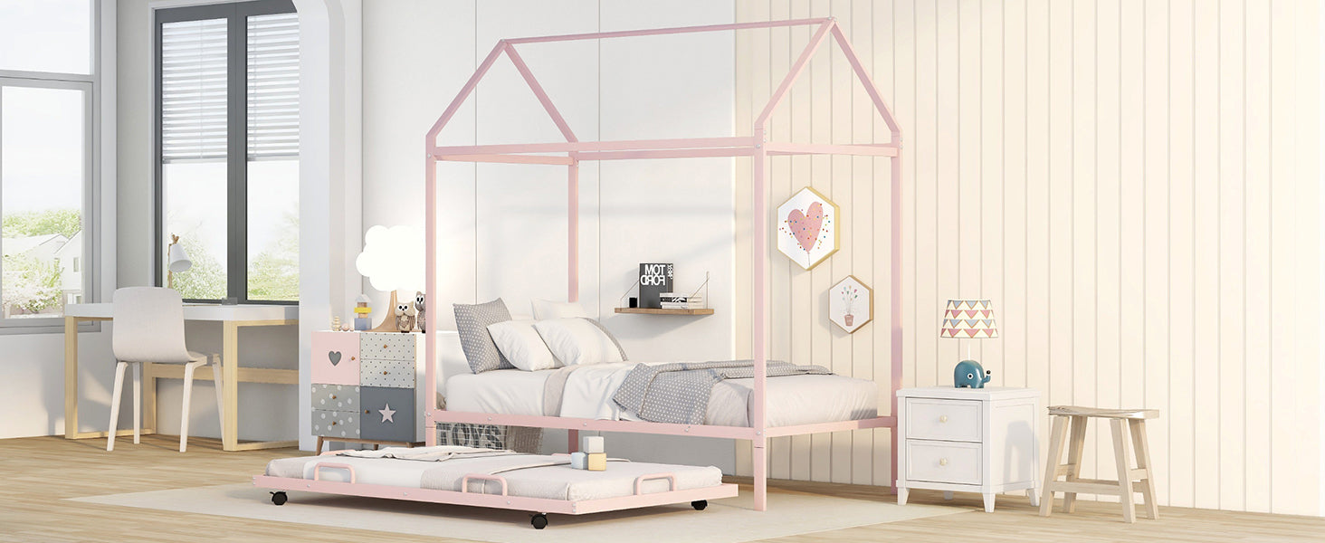 Twin Size Kids House Bed With Trundle, Metal House Bed Pink Pink Metal