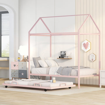 Twin Size Kids House Bed With Trundle, Metal House Bed Pink Pink Metal