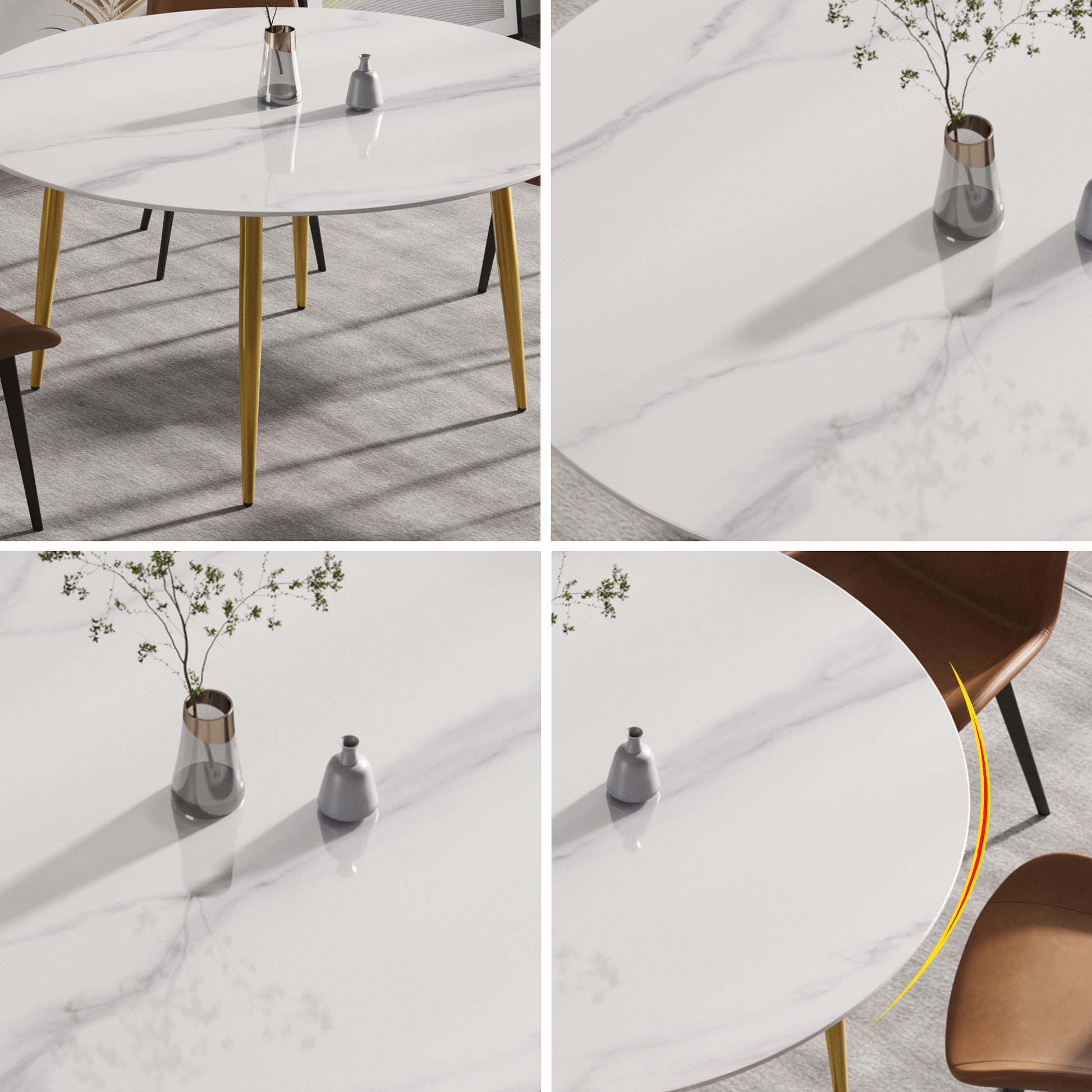 53.15"Modern Man Made Stone Round Golden Metal Dining Table Position For 6 People White Metal Sintered Stone