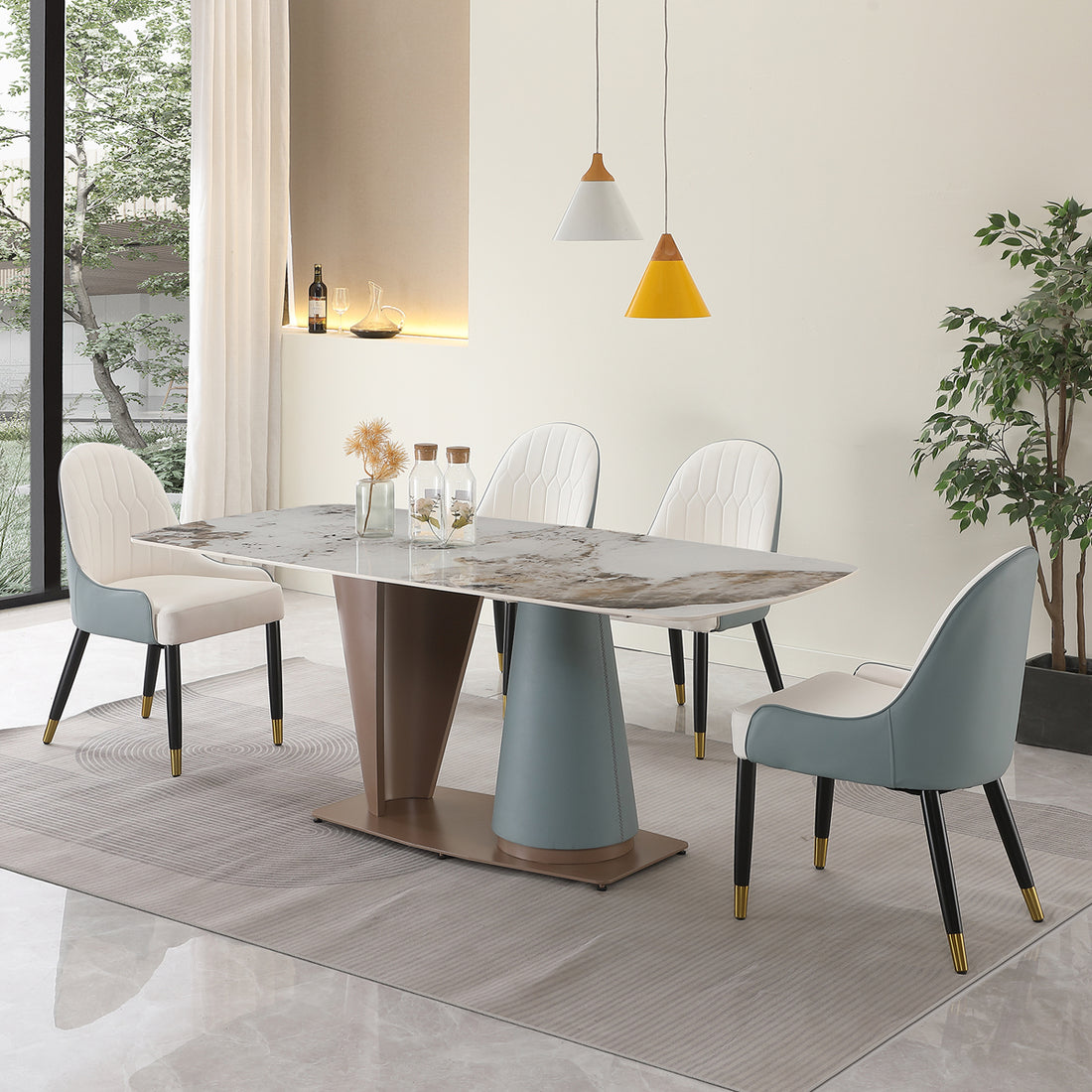 71" Pandora Color Sintered Stone Dining Table With 6 Pcs Chairs Beige Brown Carbon Steel Sintered Stone