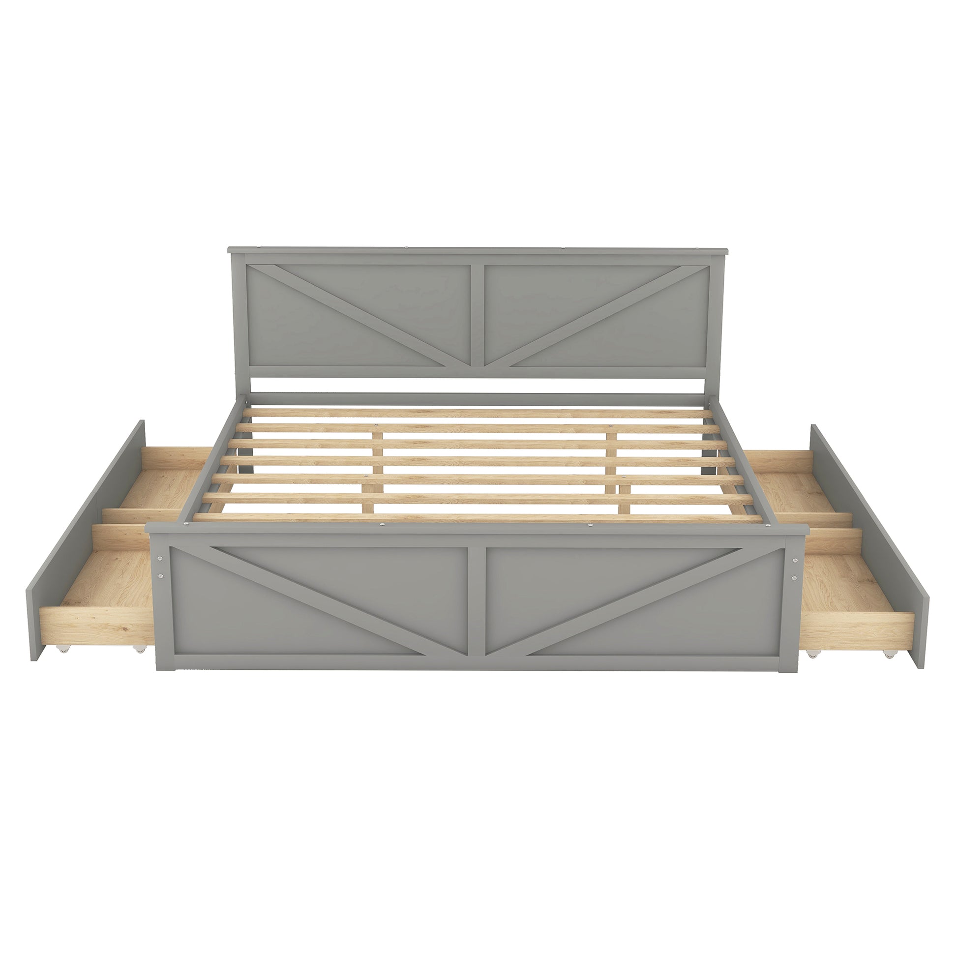 King Size Wooden Platform Bed With Four Storage Drawers And Support Legs, Gray Gray Pine