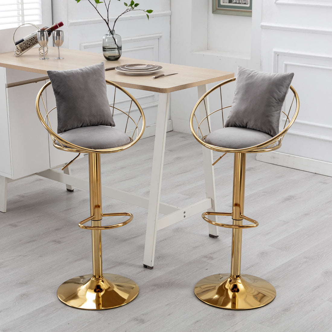 Grey Velvet Bar Chair, Pure Gold Plated, Unique Design,360 Degree Rotation, Adjustable Height,Suitable For Dinning Room And Bar,Set Of 2 Grey Velvet