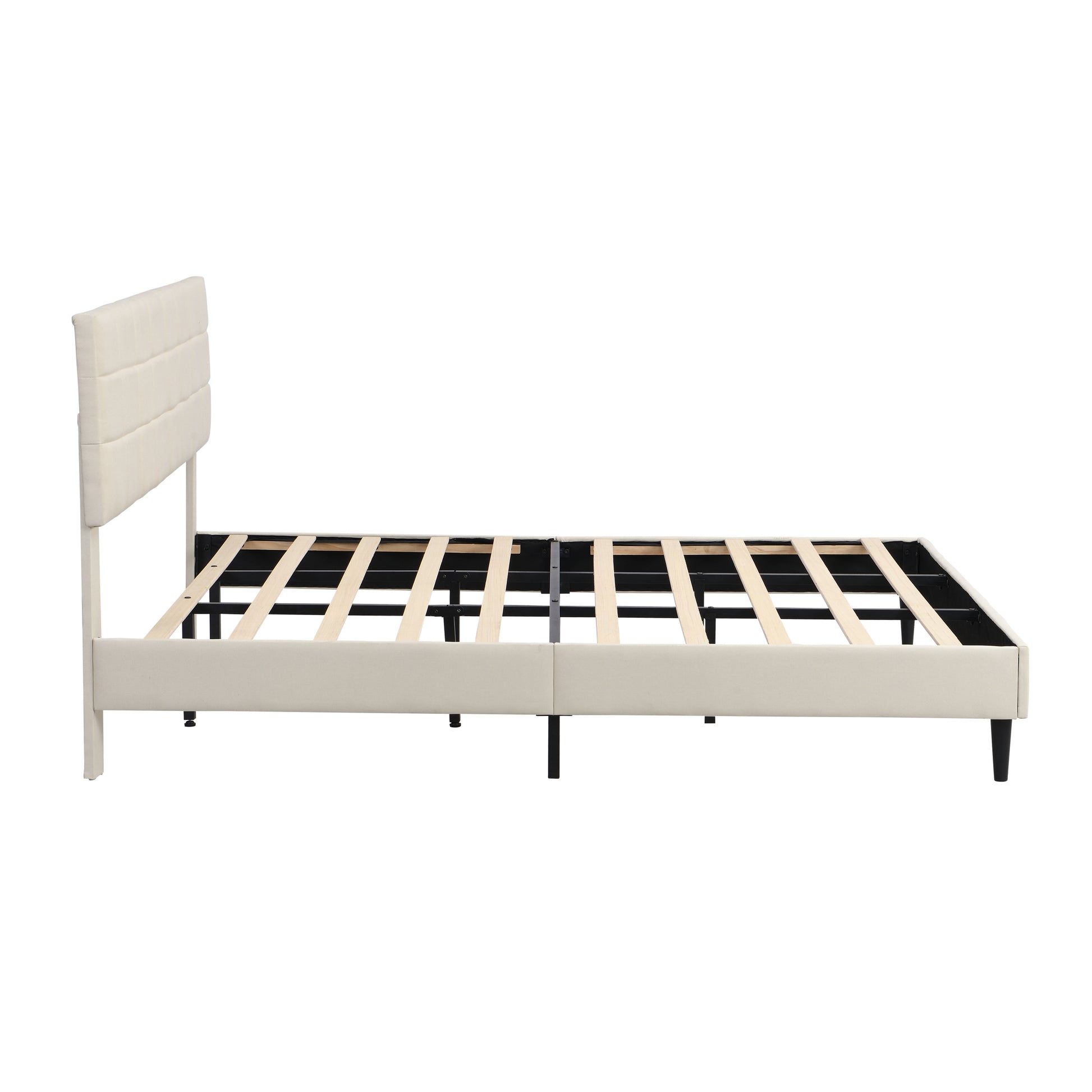 King Size Platform Bed Frame With Fabric Upholstered Headboard And Wooden Slats, No Box Spring Needed Easy Assembly, Dark Beige Beige Metal & Wood