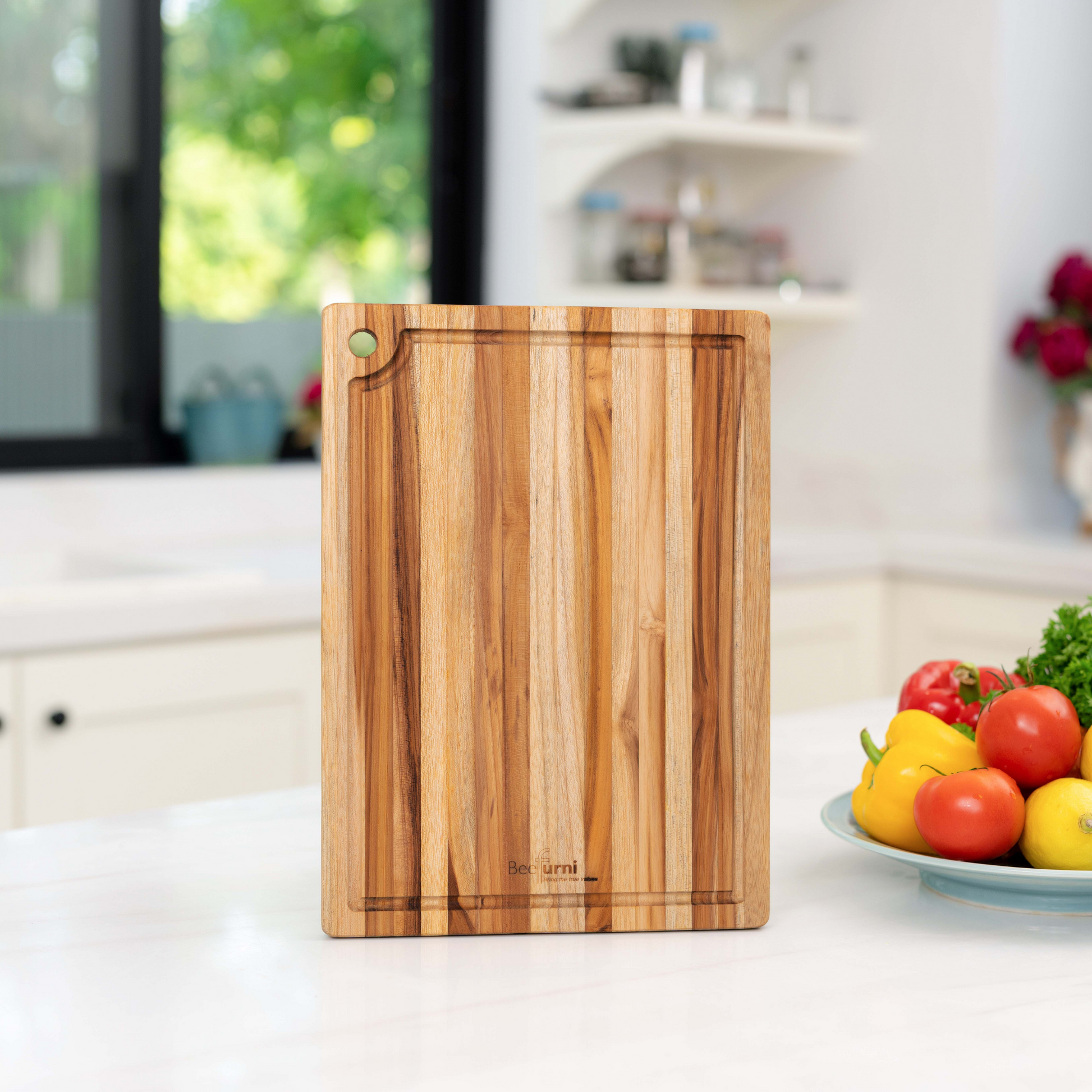 Teak Cutting Board Reversible Chopping Serving Board Multipurpose Food Safe Thick Board, Small Size 14X10X0.6 Inches Natural Solid Wood