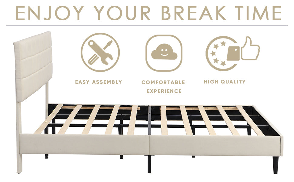 King Size Platform Bed Frame With Fabric Upholstered Headboard And Wooden Slats, No Box Spring Needed Easy Assembly, Dark Beige Beige Metal & Wood