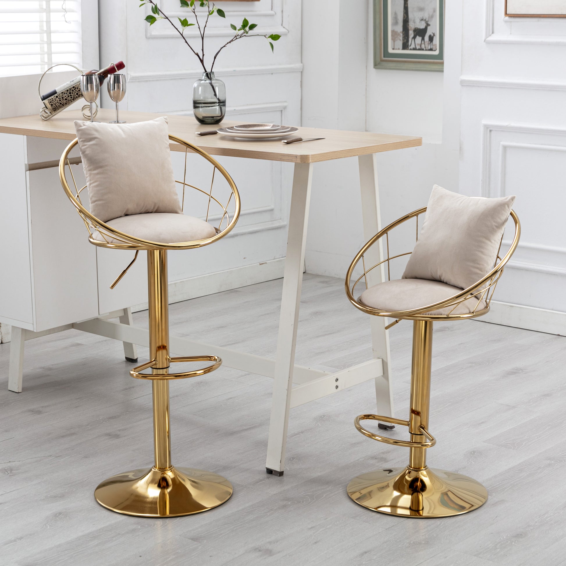 Off White Velvet Bar Chair, Pure Gold Plated, Unique Design,360 Degree Rotation, Adjustable Height,Suitable For Dinning Room And Bar,Set Of 2 Off White Velvet