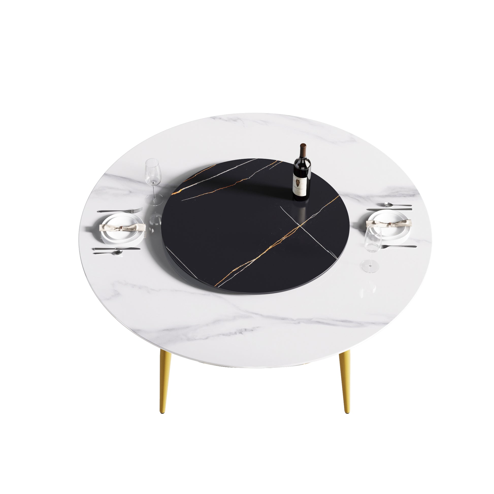 59.05"Modern Artificial Stone Round Golden Metal Dining Table Can Accommodate 6 People 31.5"Black Artificial Stone Turntable White Black Metal Marble