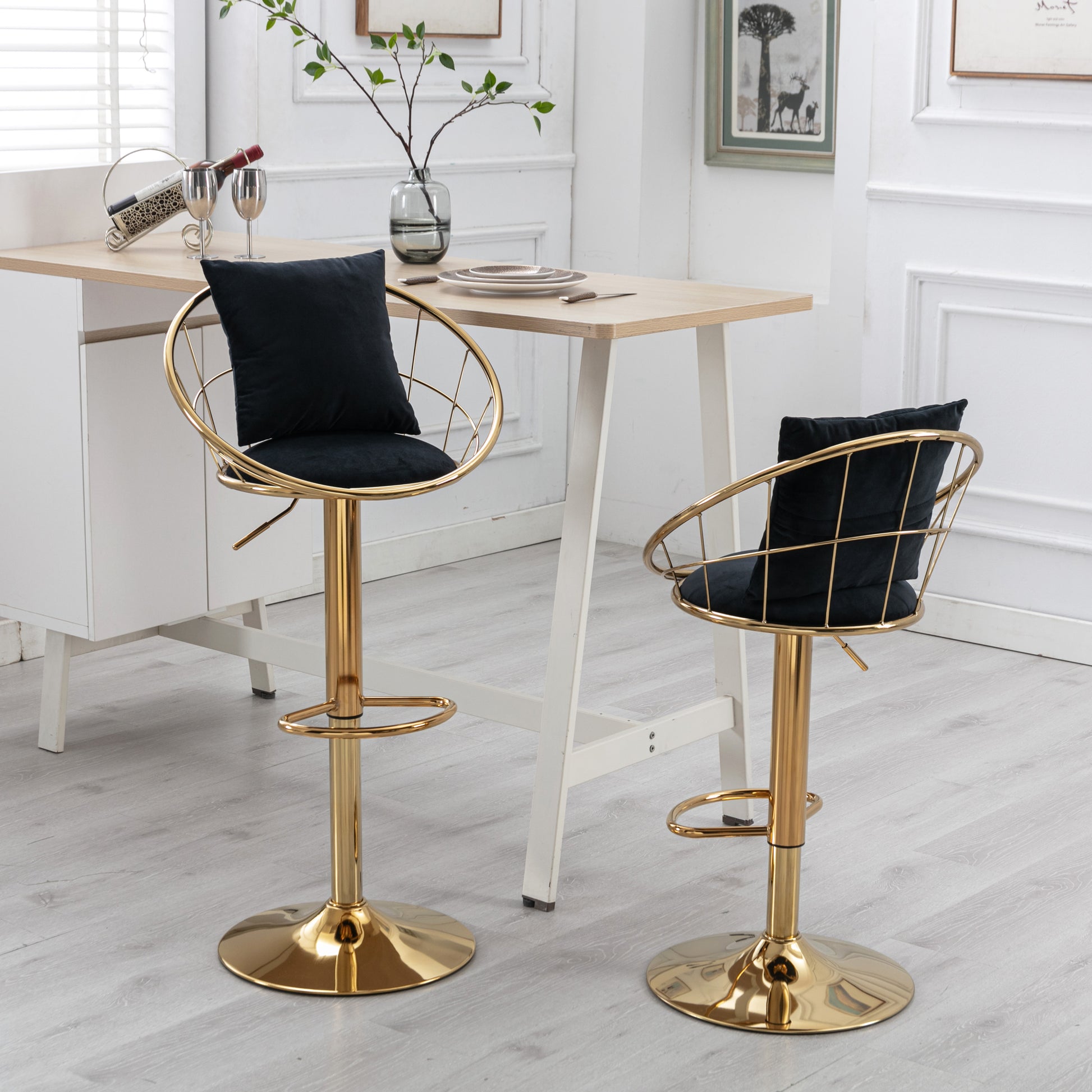 Black Velvet Bar Chair, Pure Gold Plated, Unique Design,360 Degree Rotation, Adjustable Height,Suitable For Dinning Room And Bar,Set Of 2 Black Velvet