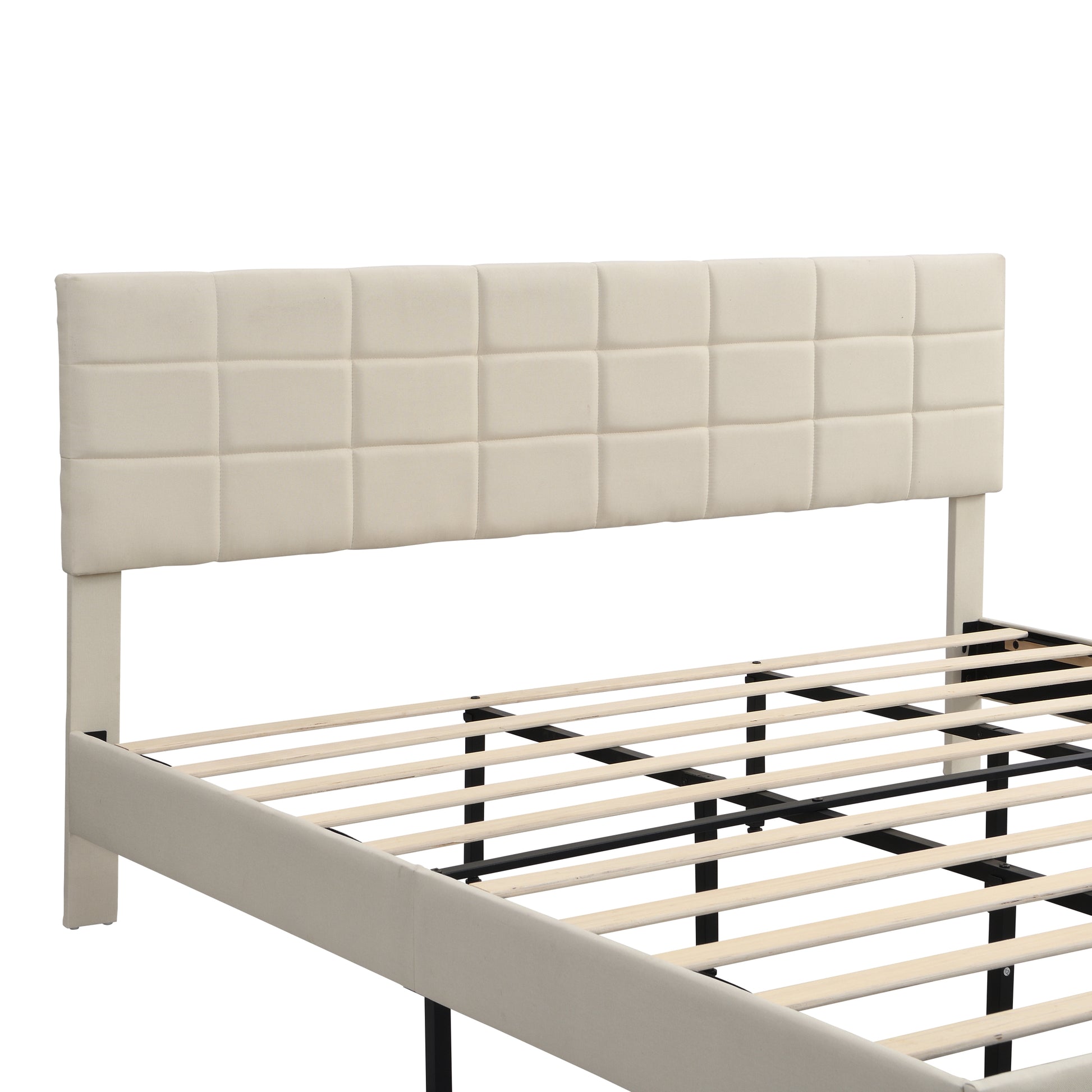 King Size Platform Bed Frame With Fabric Upholstered Headboard And Wooden Slats, No Box Spring Needed Easy Assembly, Dark Beige Beige Metal & Wood