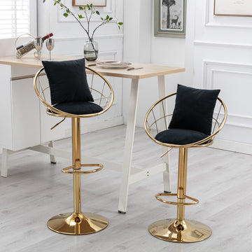Black Velvet Bar Chair, Pure Gold Plated, Unique Design,360 Degree Rotation, Adjustable Height,Suitable For Dinning Room And Bar,Set Of 2 Black Velvet