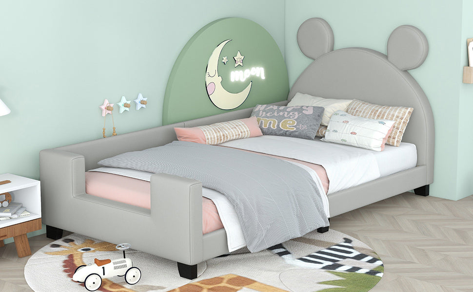 Twin Size Upholstered Daybed with Carton Ears Shaped light grey-pu leather