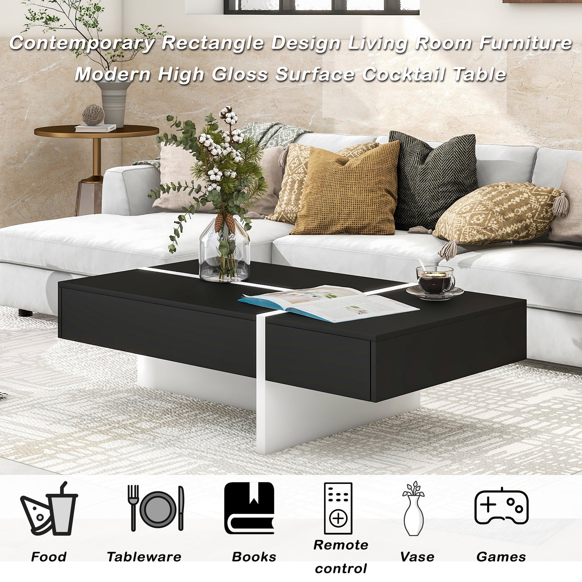 Contemporary Rectangle Design Living Room Furniture, Modern High Gloss Surface Cocktail Table, Center Table For Sofa Or Upholstered Chairs, 45.2*25.5*13.7In, Black Black Particle Board