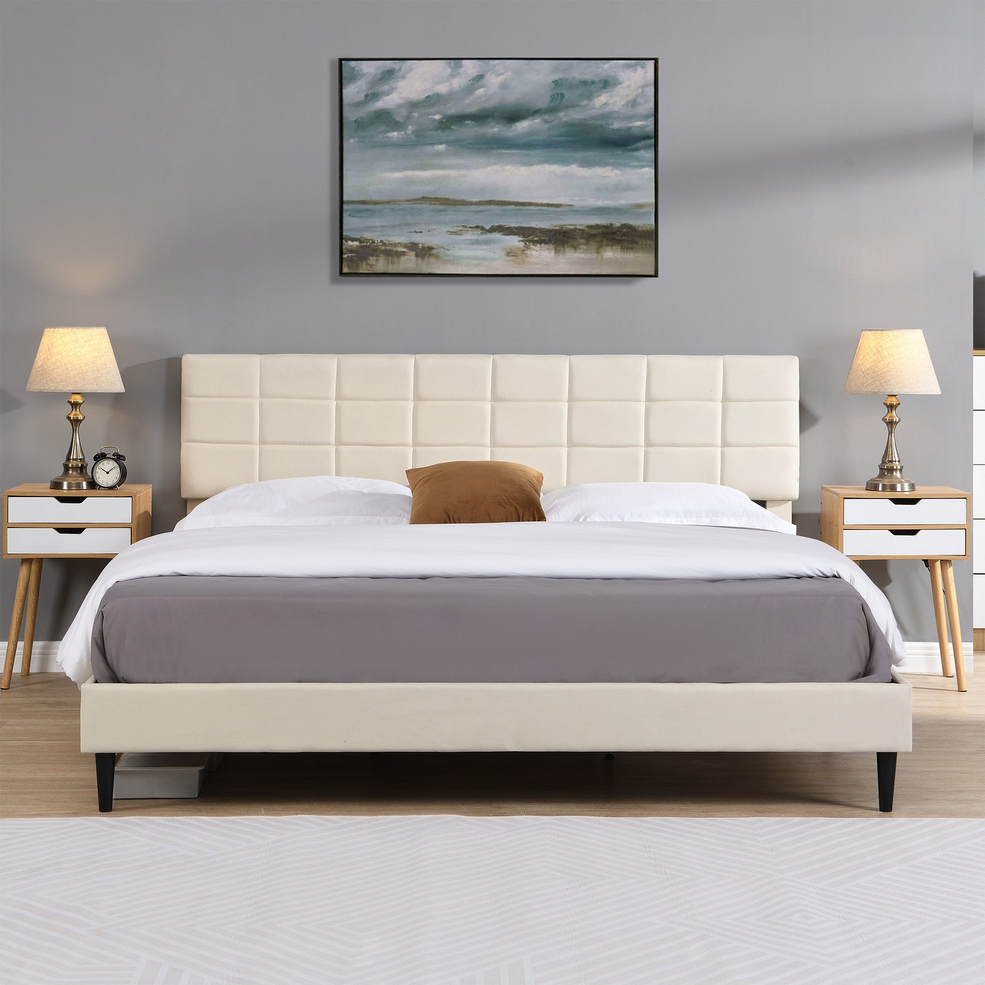 King Size Platform Bed Frame With Fabric Upholstered Headboard And Wooden Slats, No Box Spring Needed Easy Assembly, Dark Beige Beige Metal & Wood