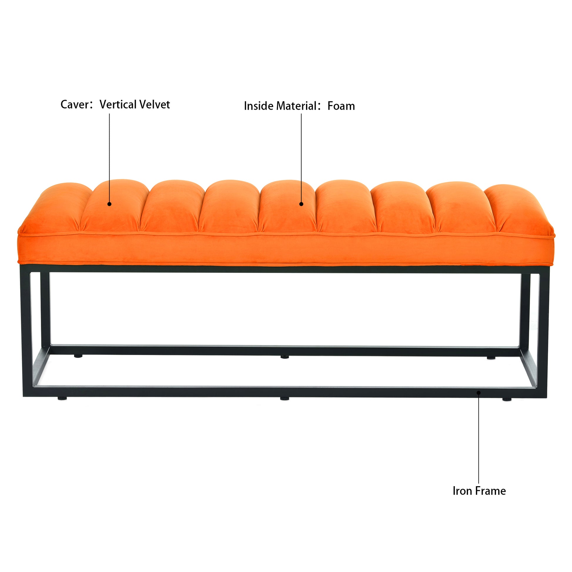 Metal Base Upholstered Bench For Bedroom For Entryway Orange Fabric