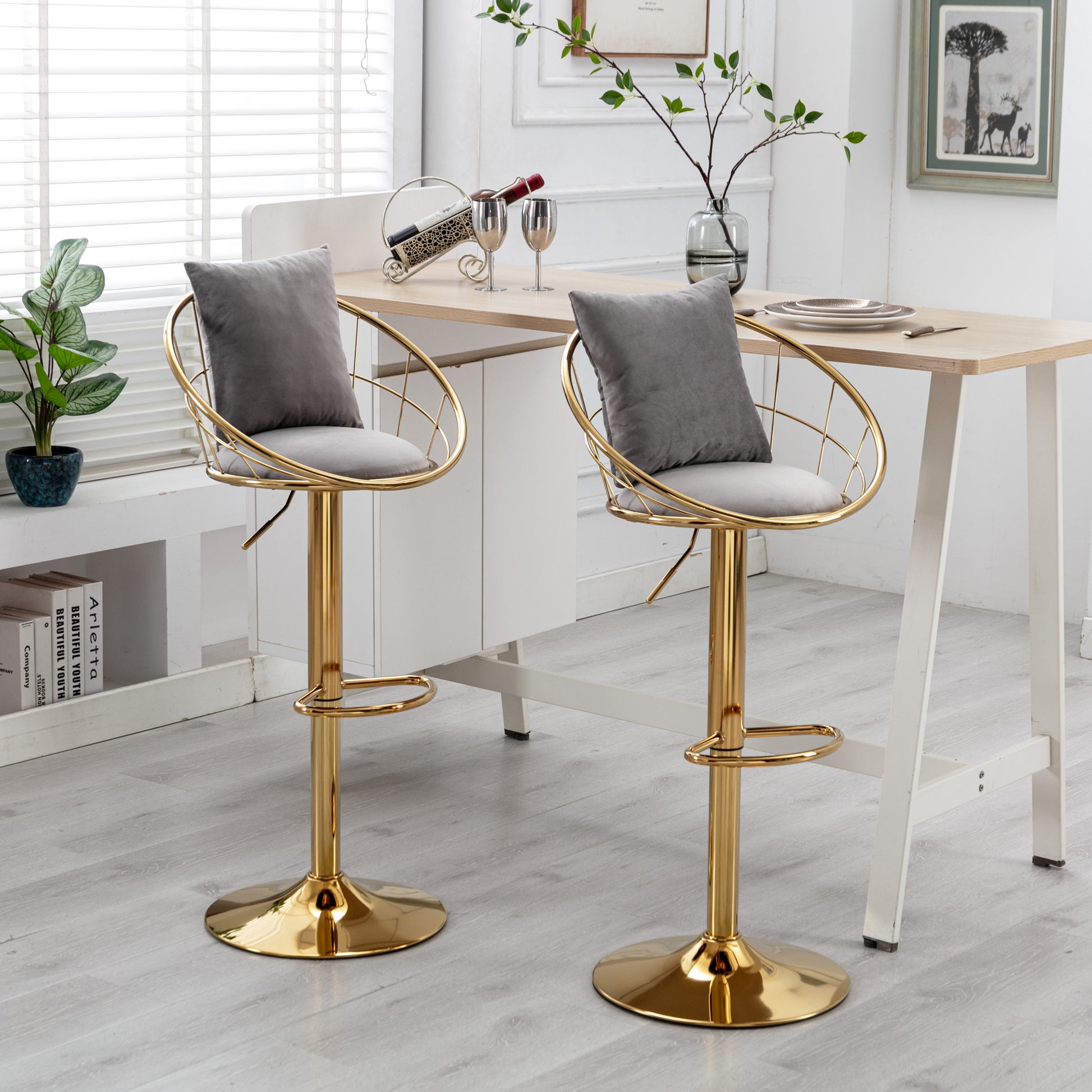 Grey Velvet Bar Chair, Pure Gold Plated, Unique Design,360 Degree Rotation, Adjustable Height,Suitable For Dinning Room And Bar,Set Of 2 Grey Velvet