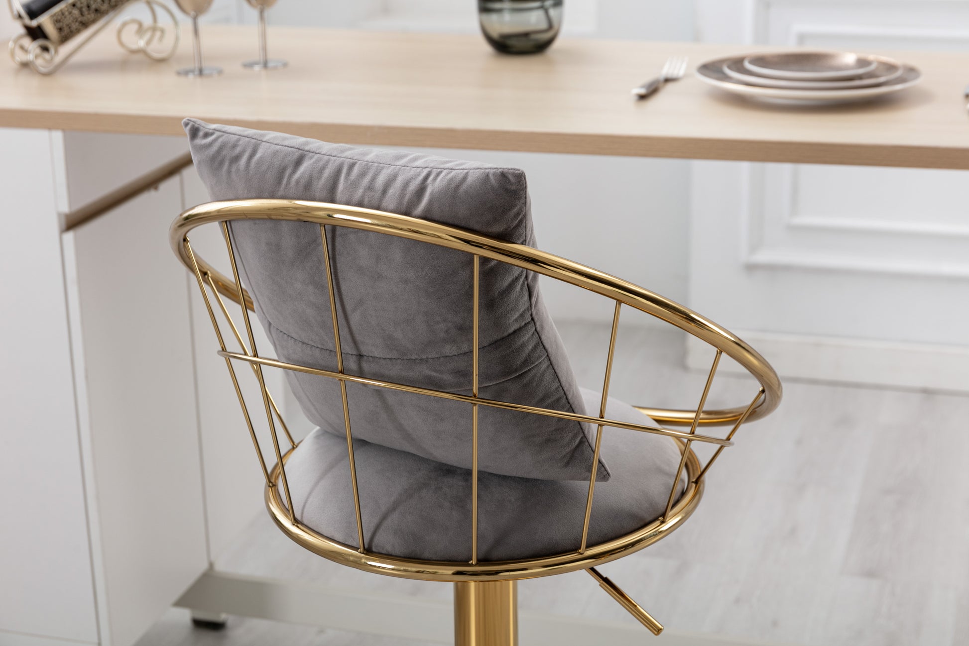Grey Velvet Bar Chair, Pure Gold Plated, Unique Design,360 Degree Rotation, Adjustable Height,Suitable For Dinning Room And Bar,Set Of 2 Grey Velvet