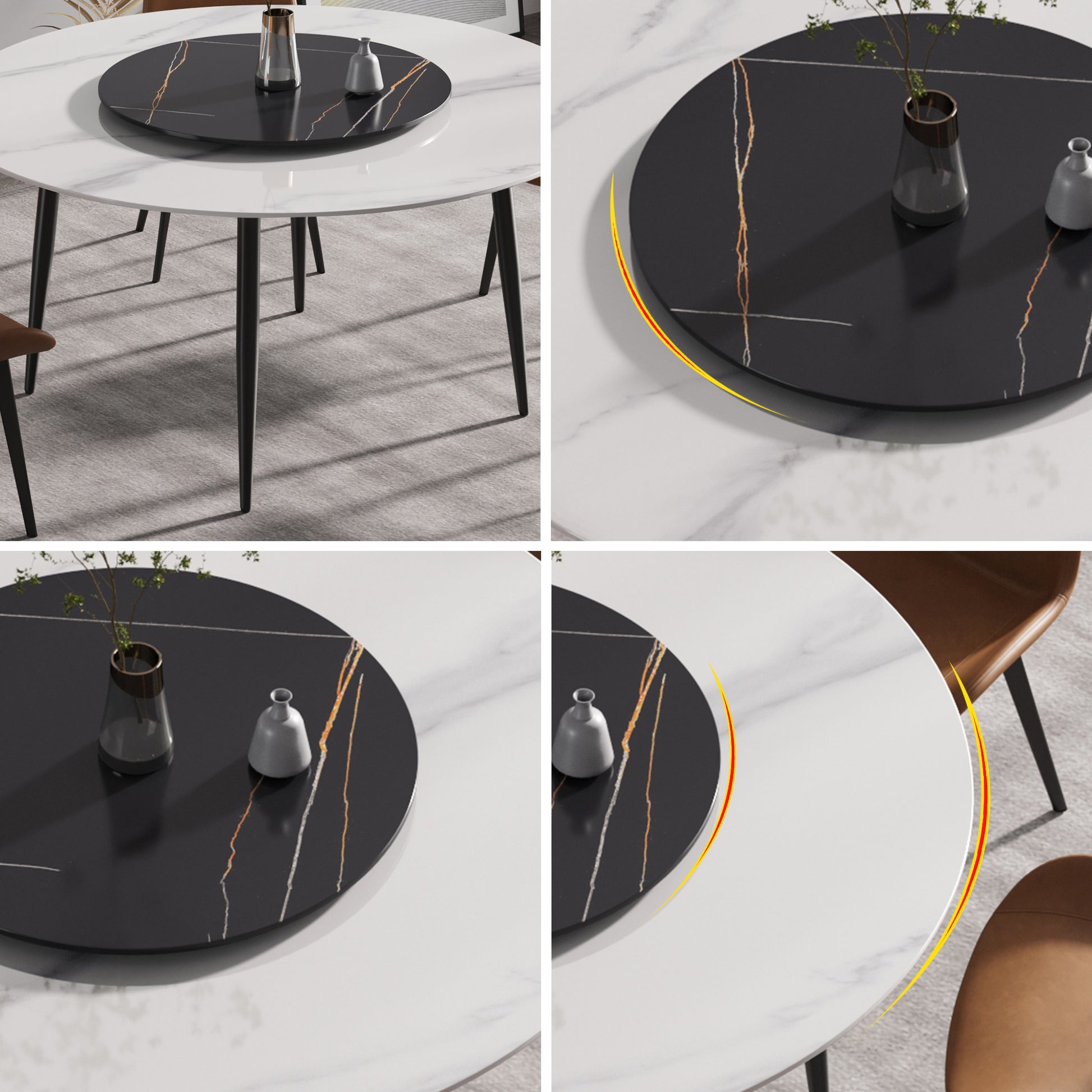 59.05"Modern Artificial Stone Round Black Metal Dining Table Can Accommodate 6 People 31.5"Black Artificial Stone Turntable Black White Metal Marble