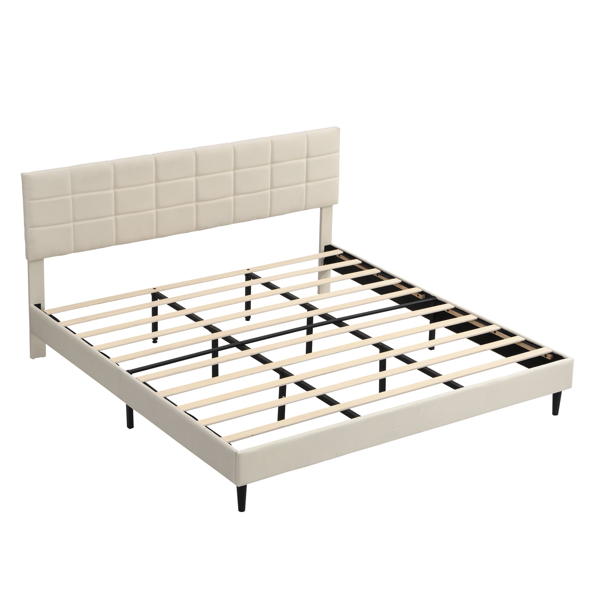 King Size Platform Bed Frame With Fabric Upholstered Headboard And Wooden Slats, No Box Spring Needed Easy Assembly, Dark Beige Beige Metal & Wood
