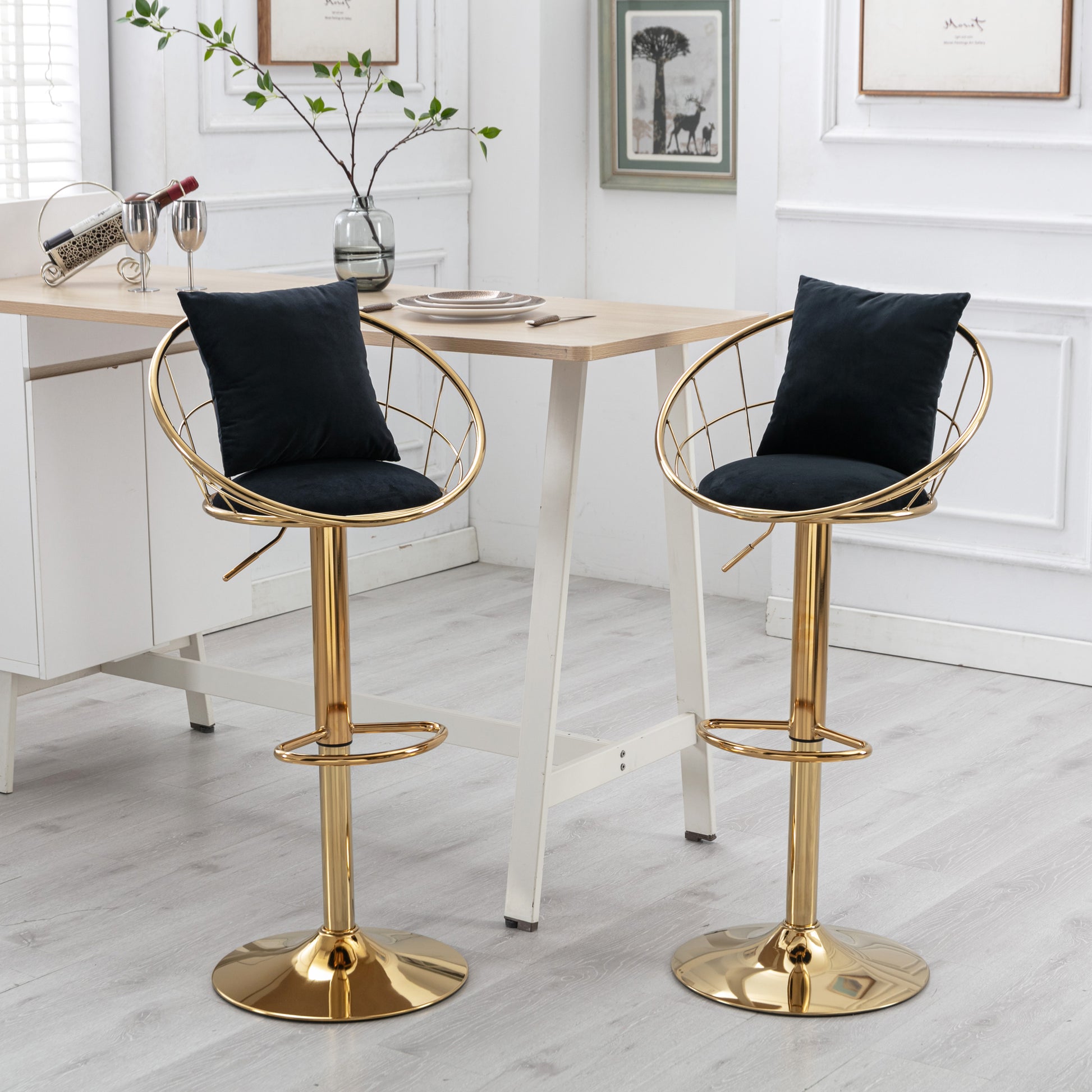 Black Velvet Bar Chair, Pure Gold Plated, Unique Design,360 Degree Rotation, Adjustable Height,Suitable For Dinning Room And Bar,Set Of 2 Black Velvet