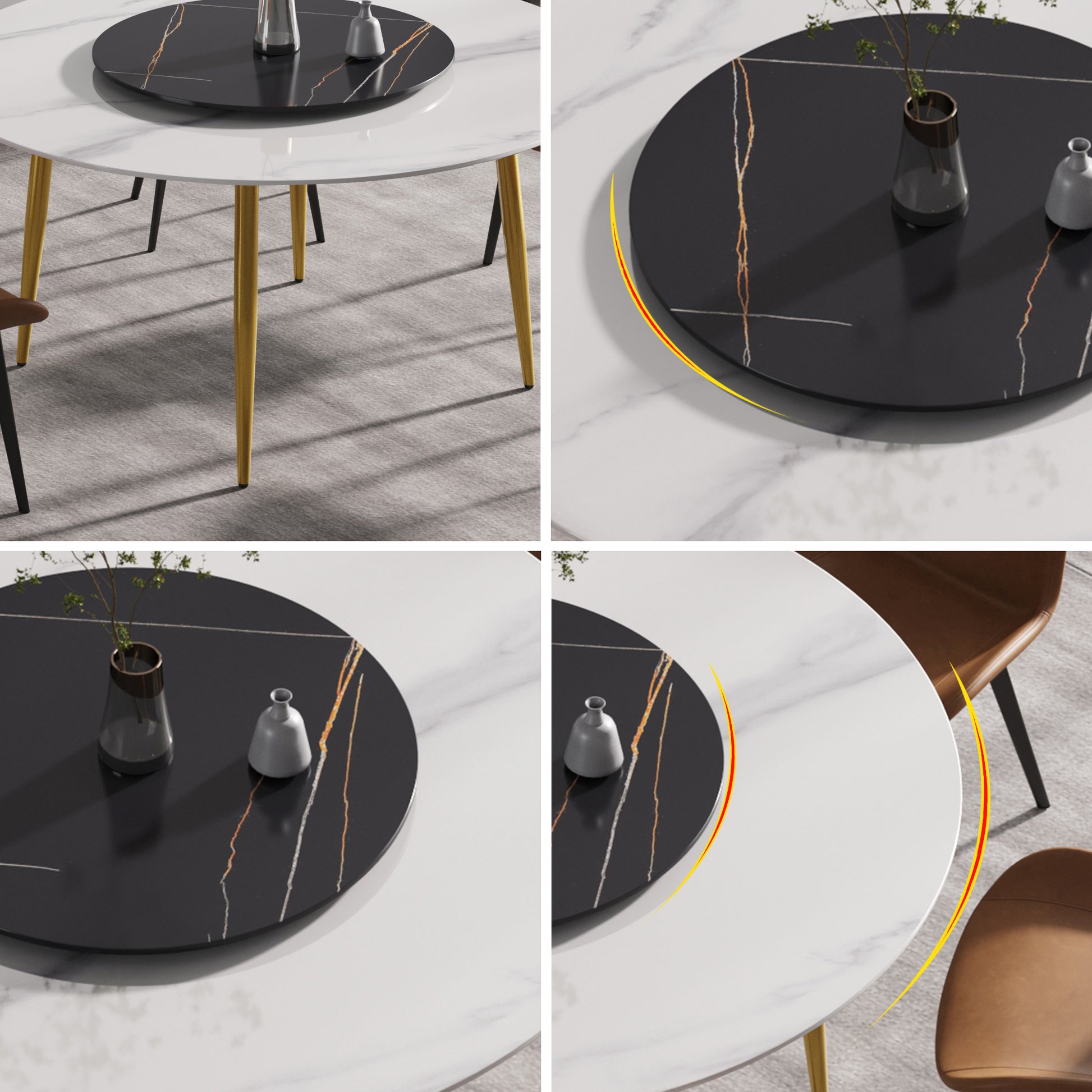 59.05"Modern Artificial Stone Round Golden Metal Dining Table Can Accommodate 6 People 31.5"Black Artificial Stone Turntable White Black Metal Marble