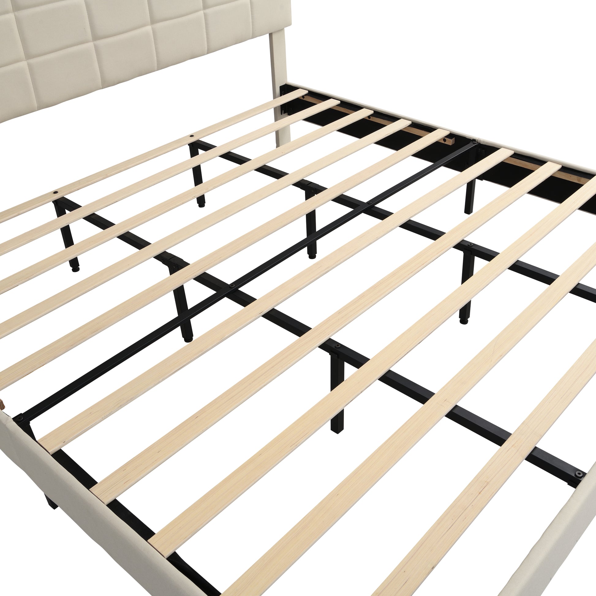 King Size Platform Bed Frame With Fabric Upholstered Headboard And Wooden Slats, No Box Spring Needed Easy Assembly, Dark Beige Beige Metal & Wood