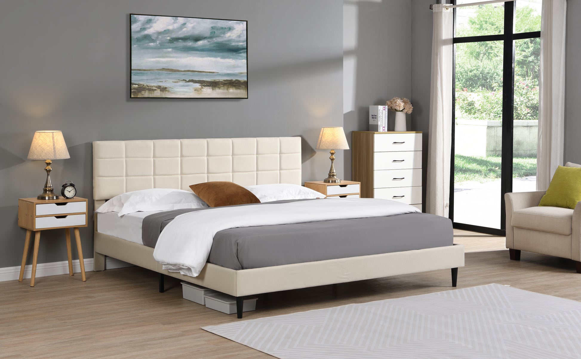 King Size Platform Bed Frame With Fabric Upholstered Headboard And Wooden Slats, No Box Spring Needed Easy Assembly, Dark Beige Beige Metal & Wood
