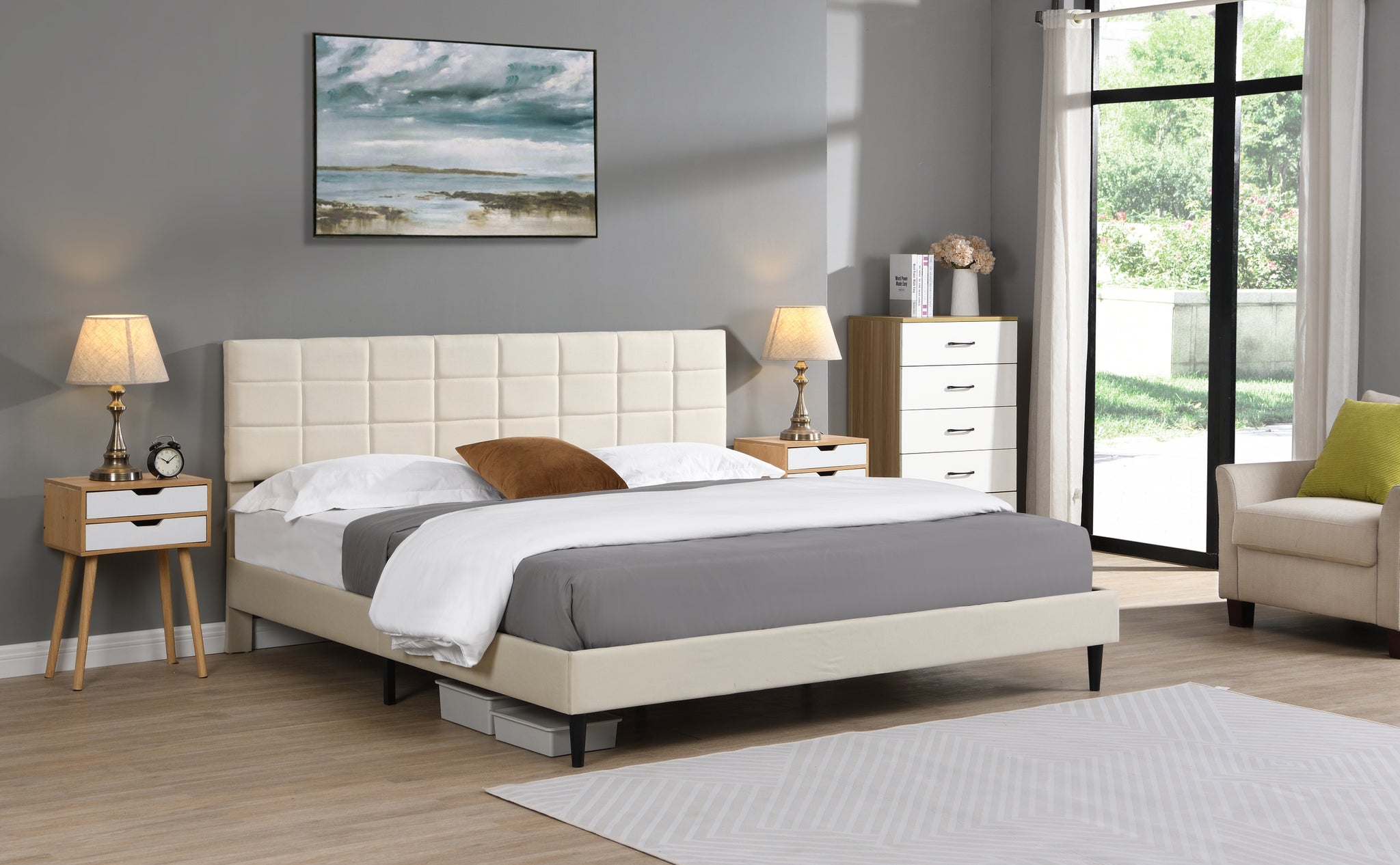 King Size Platform Bed Frame with Fabric Upholstered beige-metal & wood