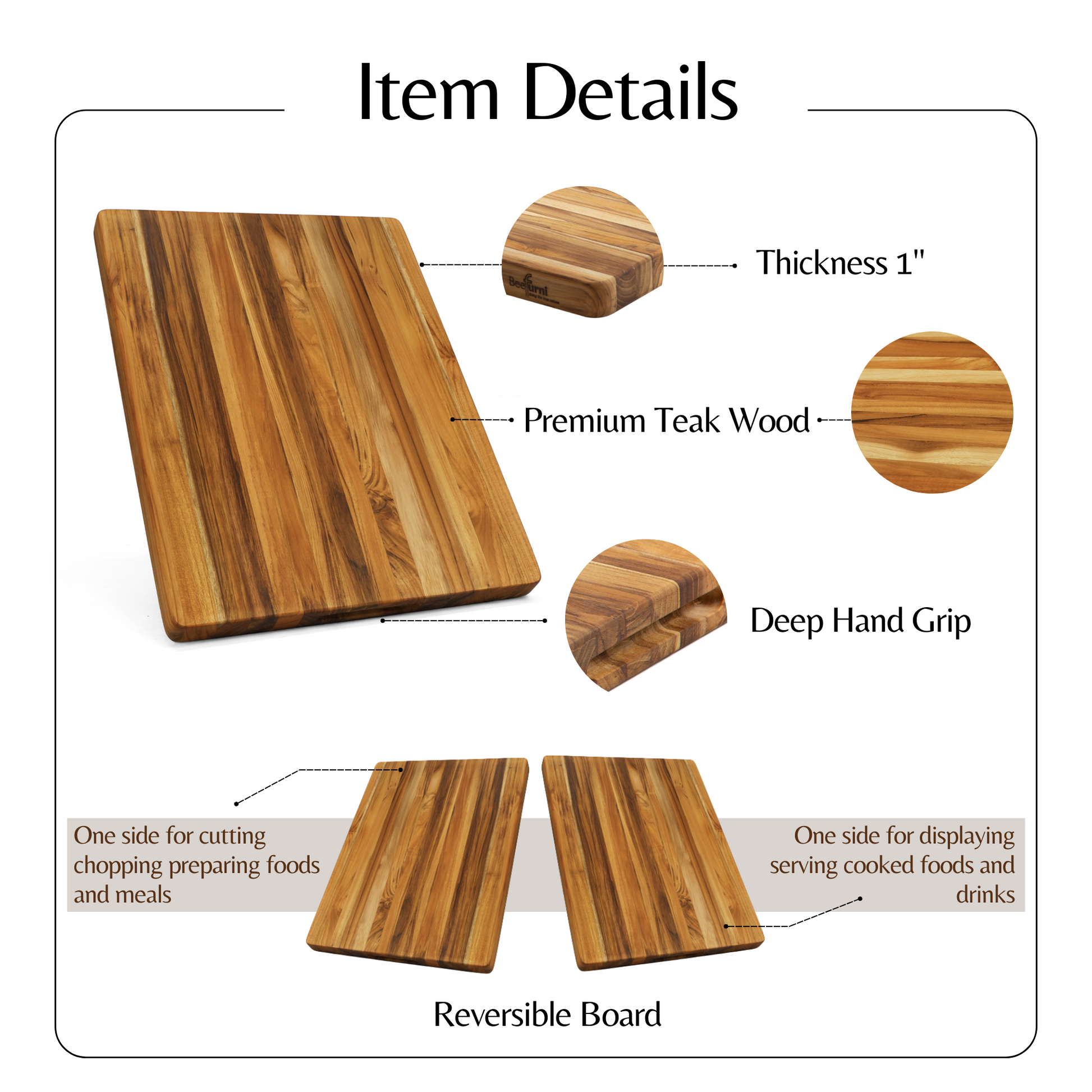 Teak Cutting Board Reversible Chopping Serving Board Multipurpose Food Safe Thick Board, Medium Size 18X14X1 Inches Natural Solid Wood