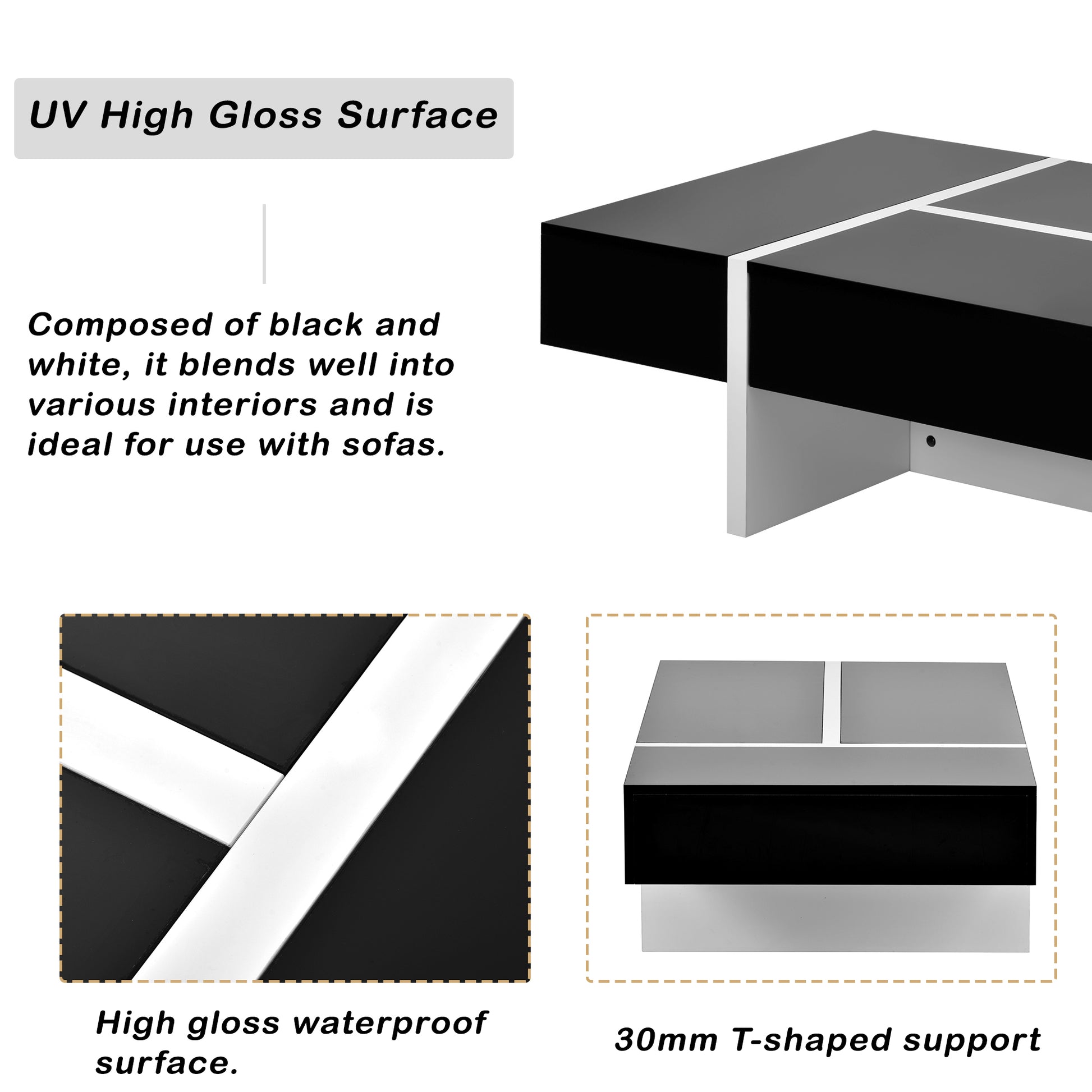 Contemporary Rectangle Design Living Room Furniture, Modern High Gloss Surface Cocktail Table, Center Table For Sofa Or Upholstered Chairs, 45.2*25.5*13.7In, Black Black Particle Board