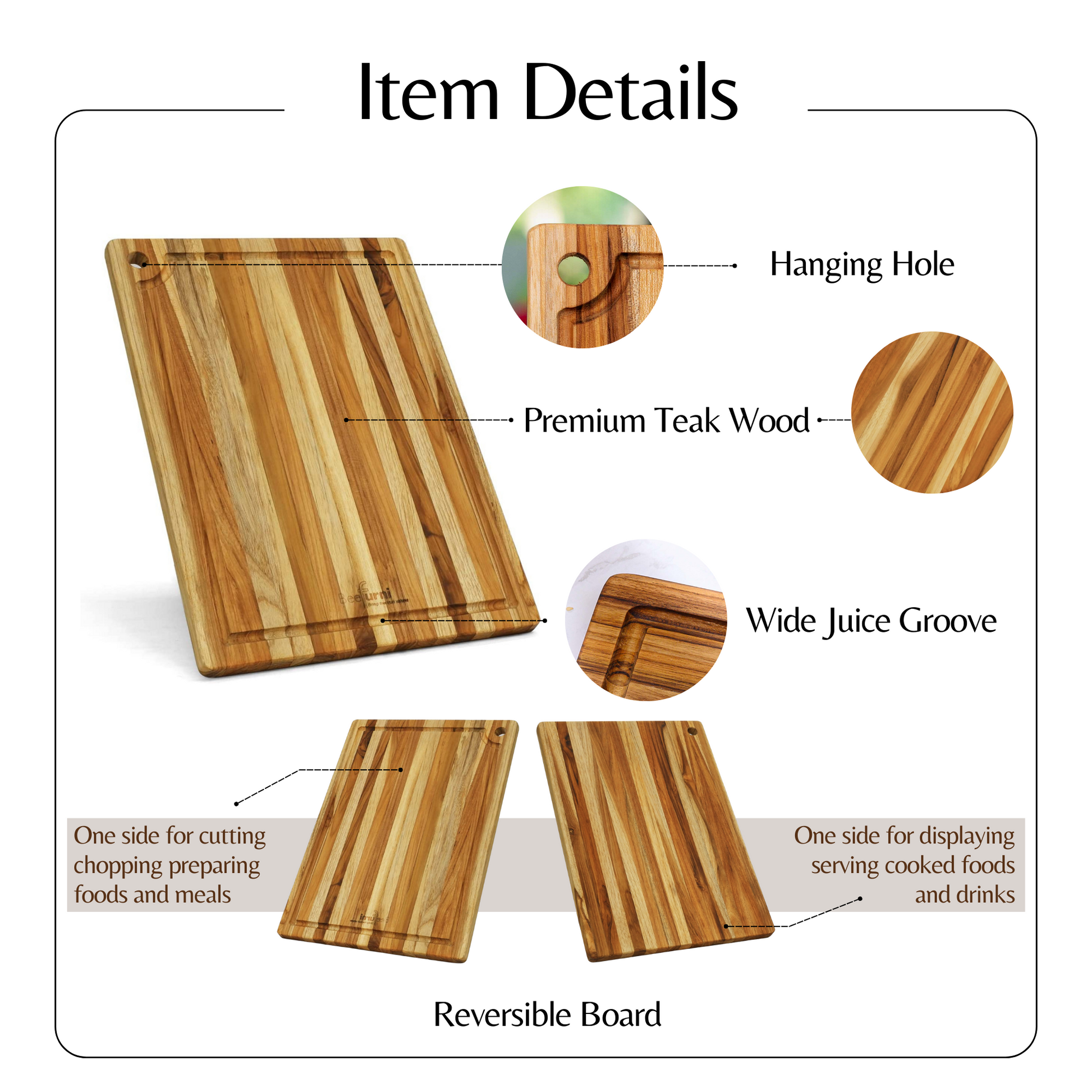 Teak Cutting Board Reversible Chopping Serving Board Multipurpose Food Safe Thick Board, Small Size 14X10X0.6 Inches Natural Solid Wood