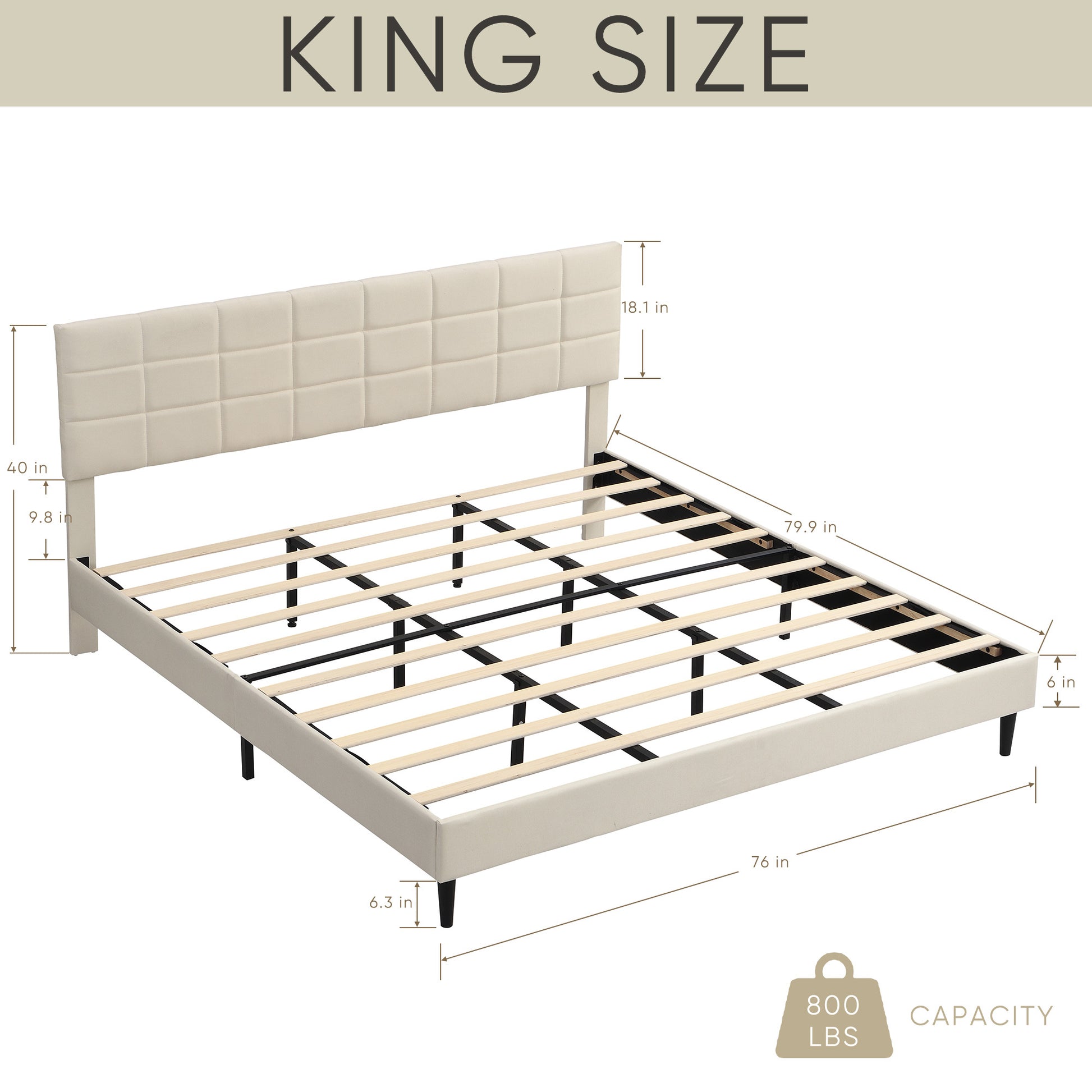King Size Platform Bed Frame With Fabric Upholstered Headboard And Wooden Slats, No Box Spring Needed Easy Assembly, Dark Beige Beige Metal & Wood