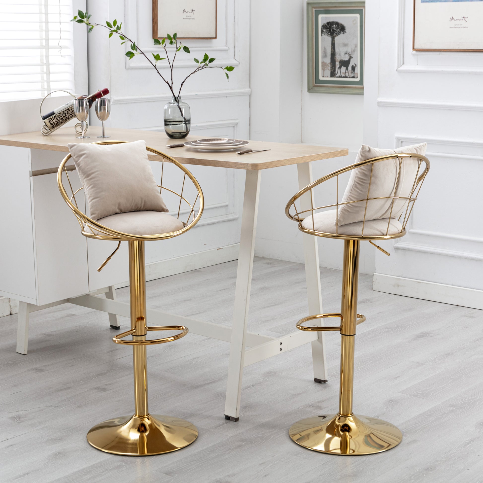Off White Velvet Bar Chair, Pure Gold Plated, Unique Design,360 Degree Rotation, Adjustable Height,Suitable For Dinning Room And Bar,Set Of 2 Off White Velvet