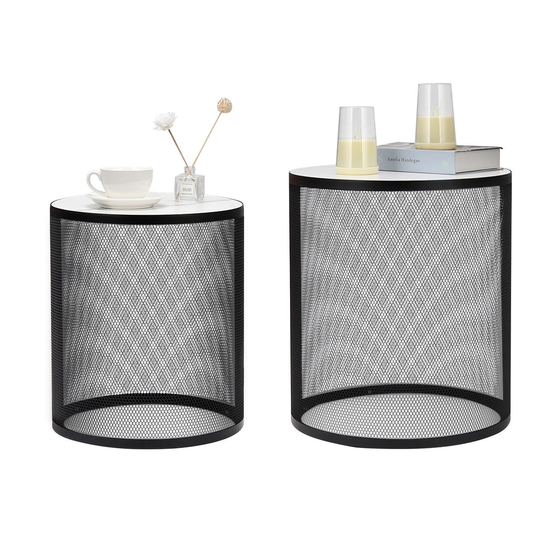 Set Of 2 Nesting Metal Round Coffee Table, Side Table Mdf Top End Table Nightstand For Indoor Multifunctional Use Black Metal & Wood