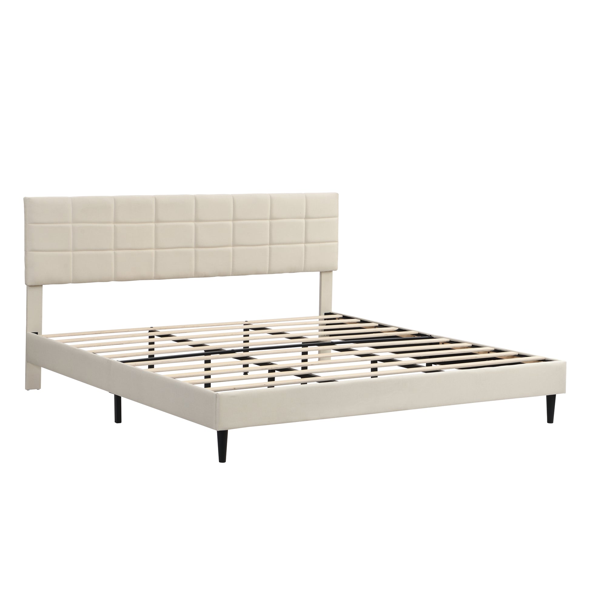 King Size Platform Bed Frame With Fabric Upholstered Headboard And Wooden Slats, No Box Spring Needed Easy Assembly, Dark Beige Beige Metal & Wood