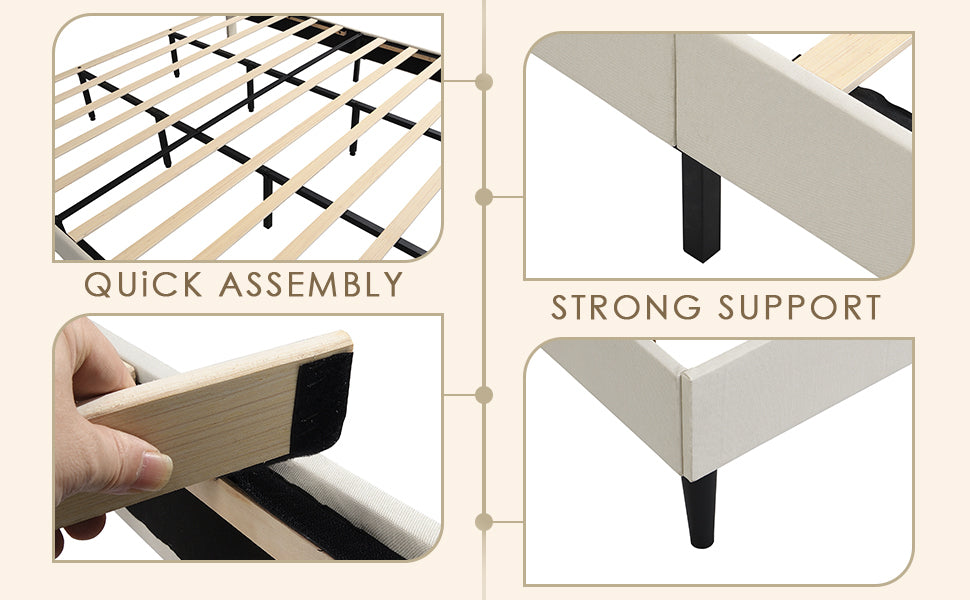 King Size Platform Bed Frame With Fabric Upholstered Headboard And Wooden Slats, No Box Spring Needed Easy Assembly, Dark Beige Beige Metal & Wood