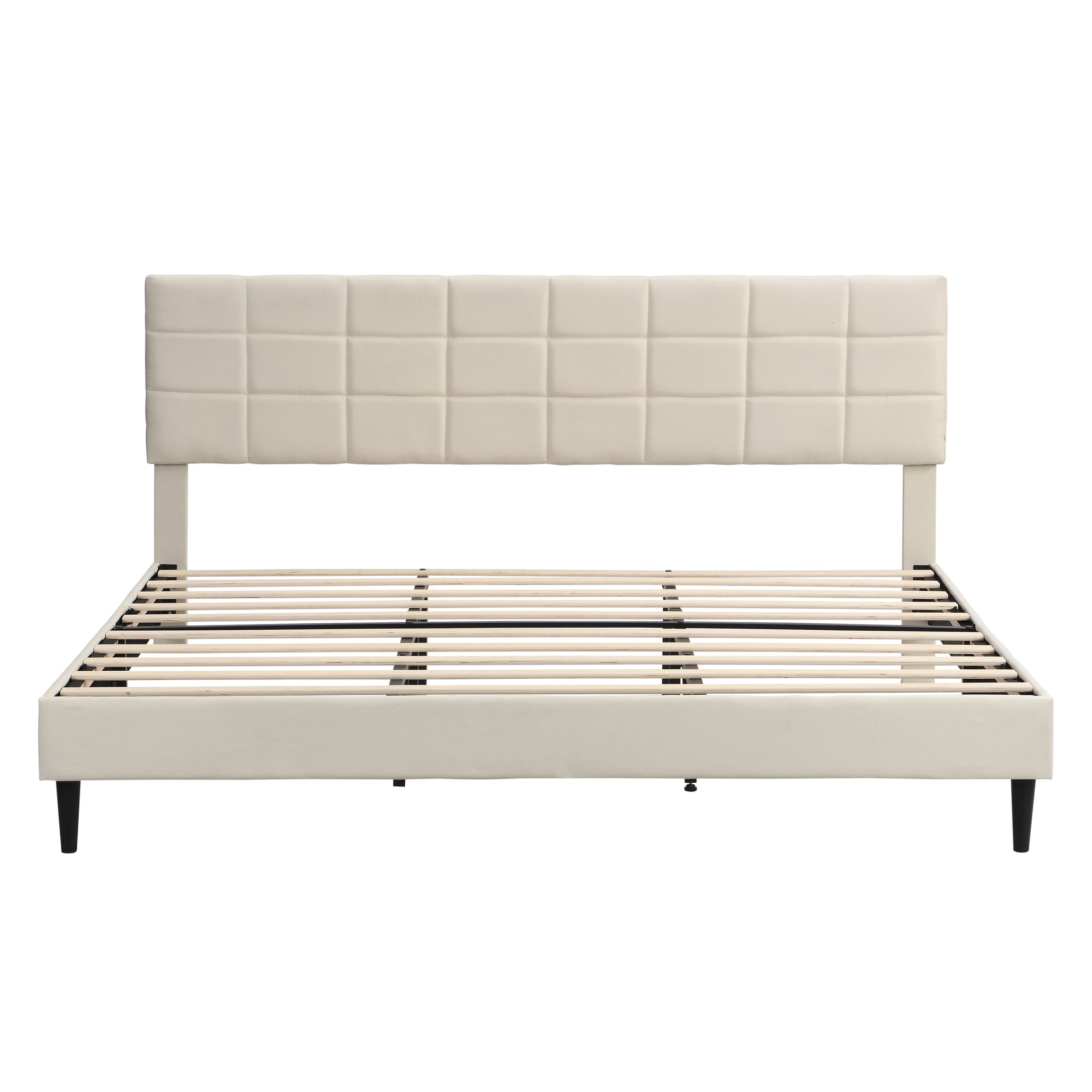 King Size Platform Bed Frame with Fabric Upholstered beige-metal & wood