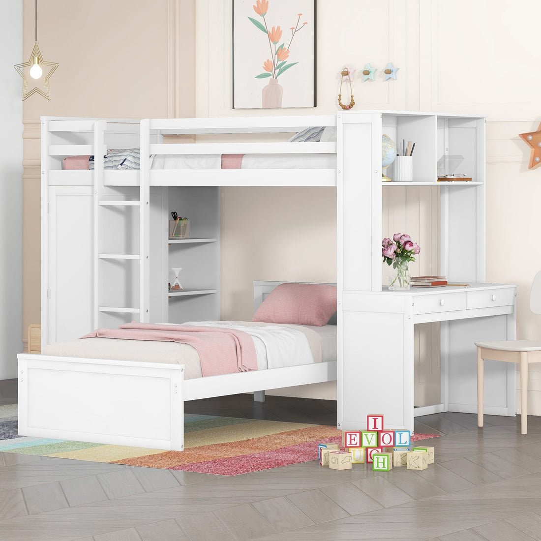 Twin Size Loft Bed With A Stand Alone Bed, Shelves,Desk,And Wardrobe White White Solid Wood