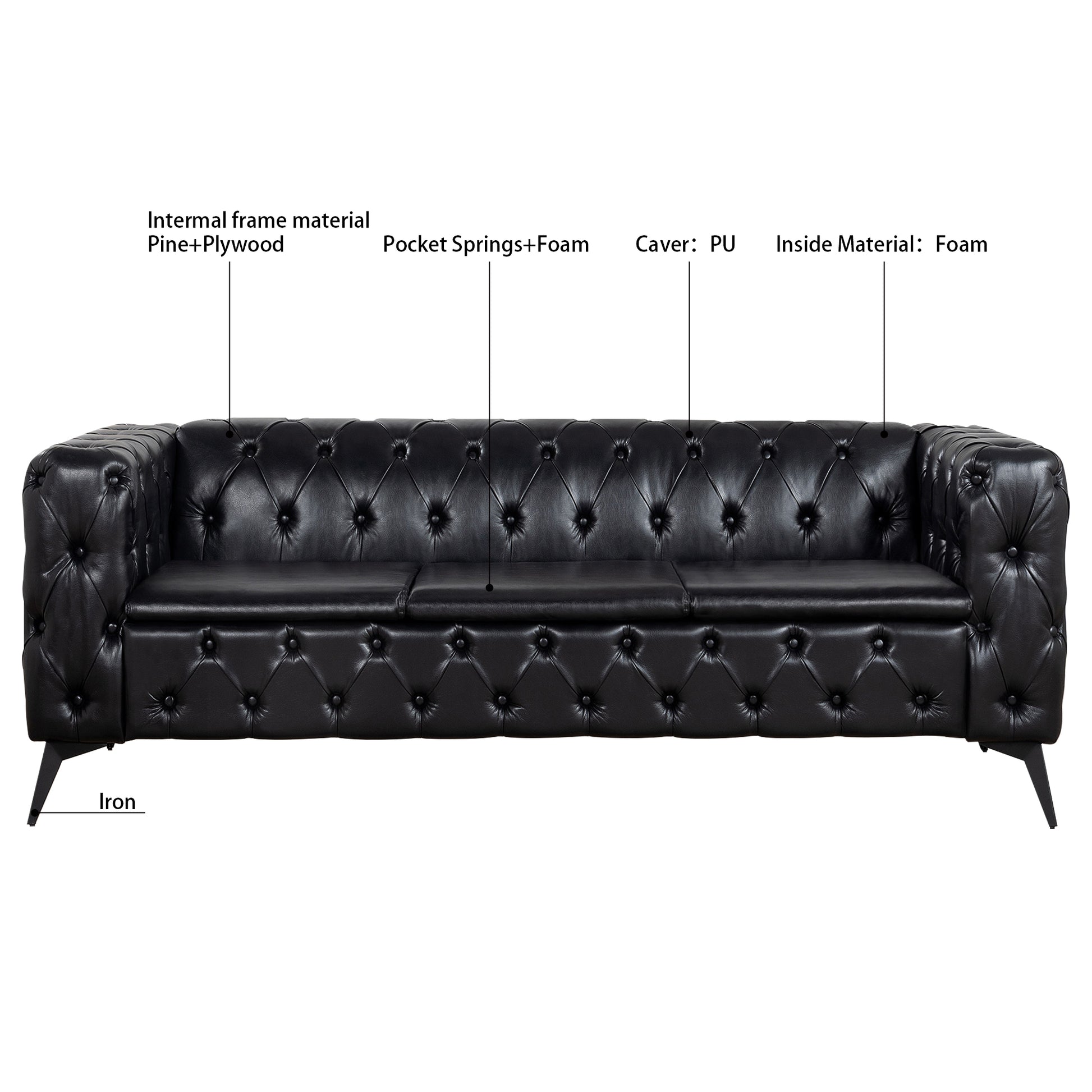84.06 Inch Width Traditional Square Arm Removable Cushion 3 Seater Sofa Black Foam Pu