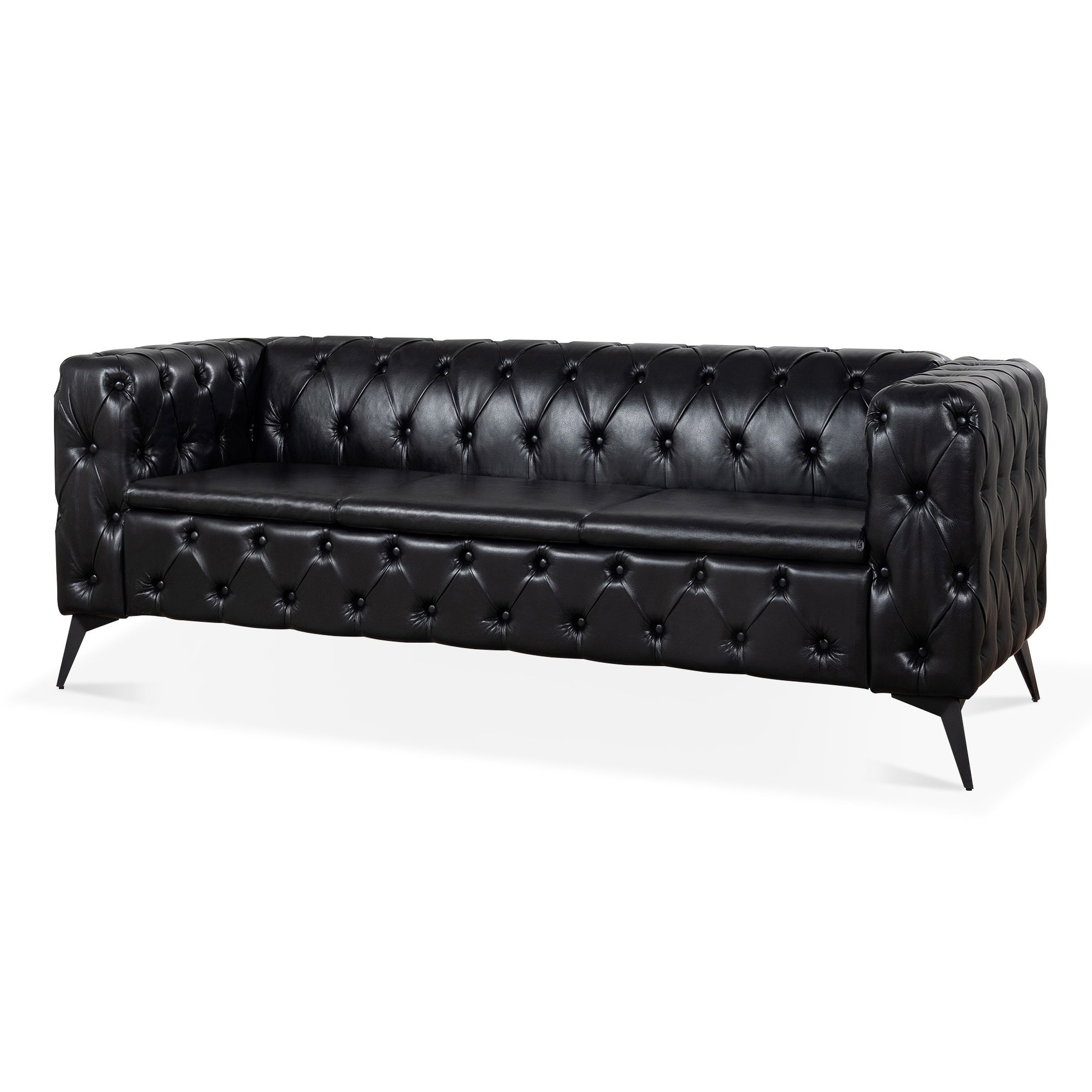84.06 Inch Width Traditional Square Arm Removable Cushion 3 Seater Sofa Black Foam Pu