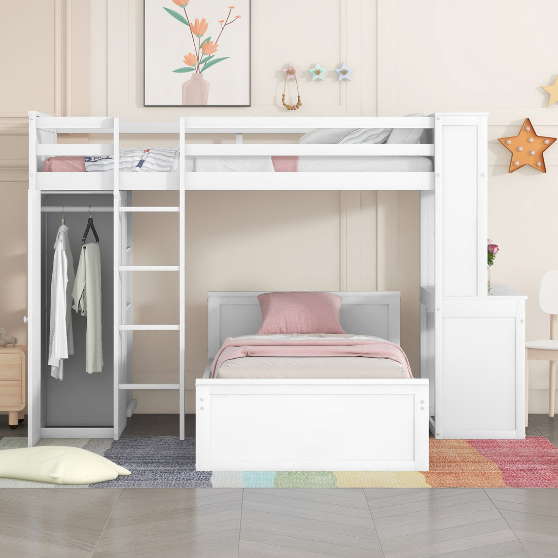 Twin Size Loft Bed With A Stand Alone Bed, Shelves,Desk,And Wardrobe White White Solid Wood