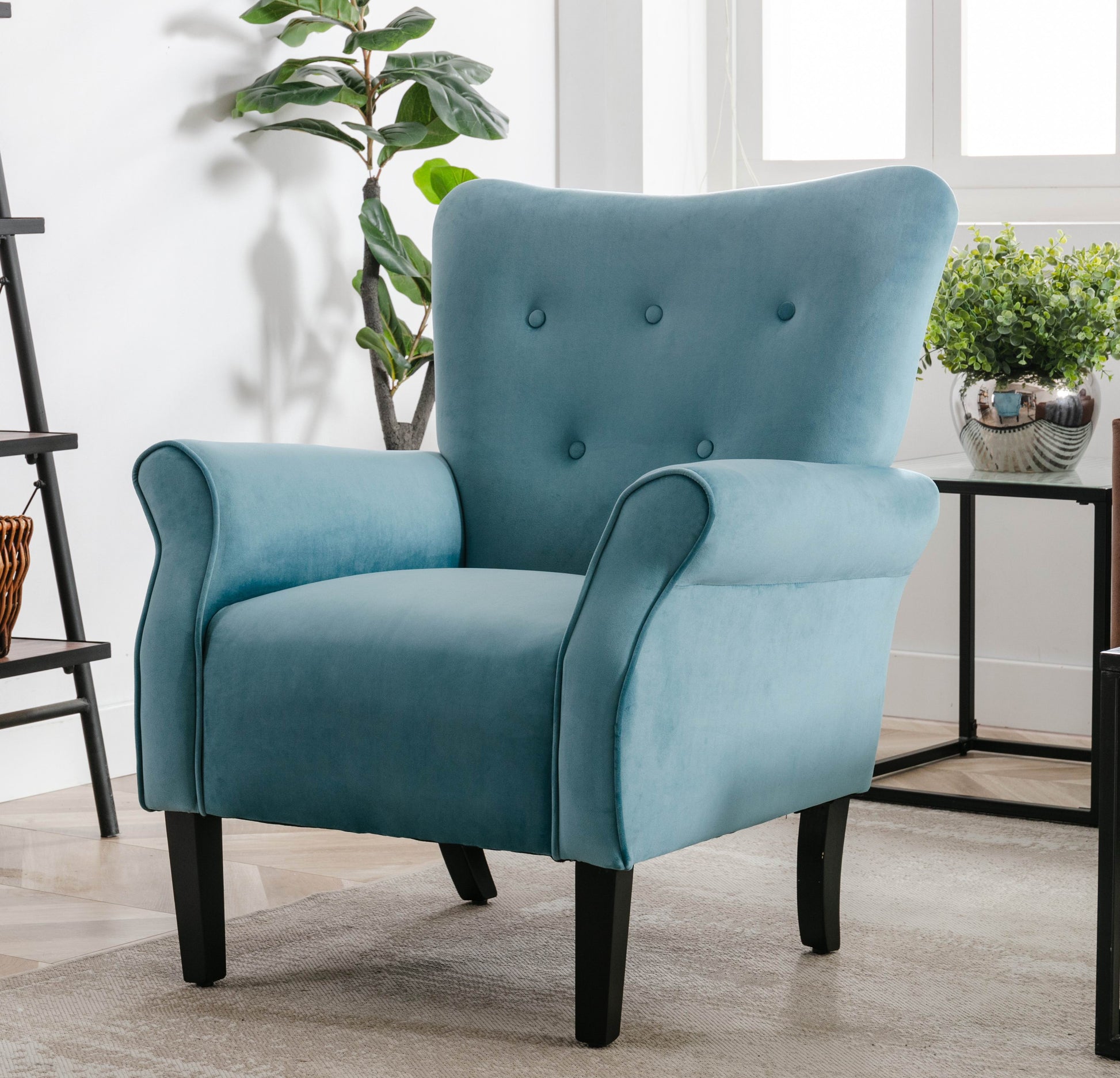 Stylish Living Room Furniture 1Pc Accent Chair Blue Button Tufted Back Rolled Arms Black Legs Modern Design Furniture Blue Primary Living Space Luxury,Modern Solid Wood