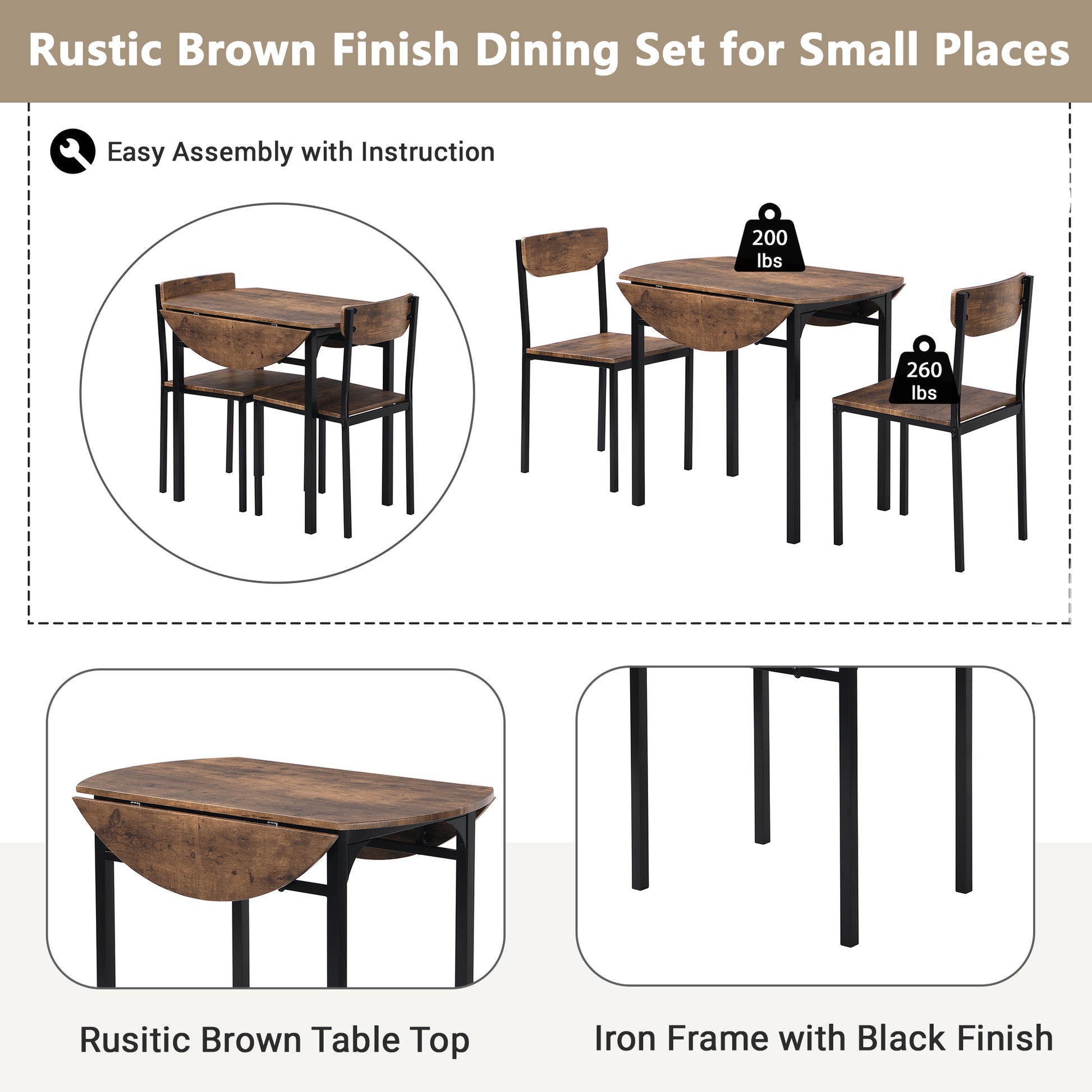 Modern 3 Piece Round Dining Table Set With Drop Leaf And 2 Chairs For Small Places,Black Frame Rustic Brown Finish Rustic Brown Solid Back Seats 2 Metal Dining Room Drop Leaf Folding Modern 4 Leg Round Dining Table With Chair Metal