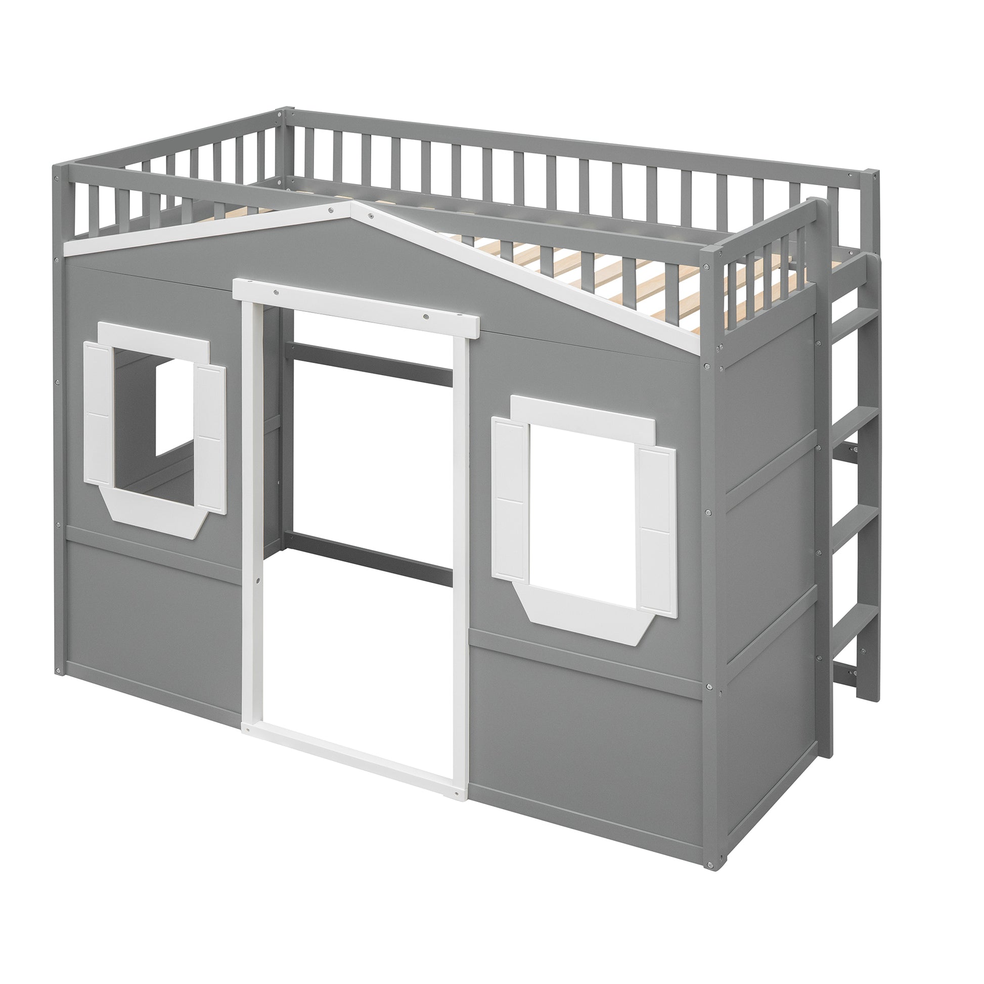 Twin Size House Loft Bed With Ladder Gray White Frame White Gray Solid Wood