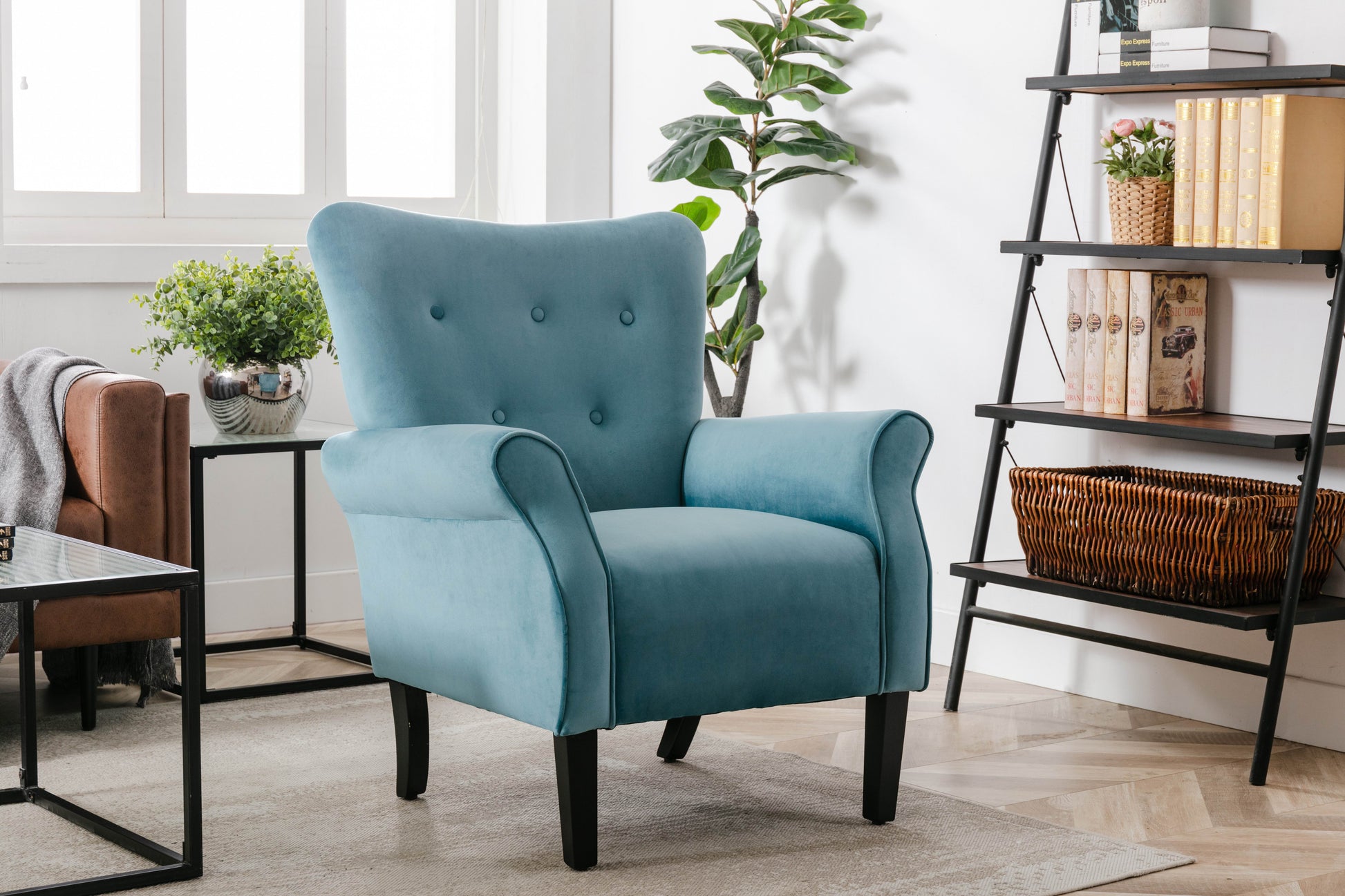 Stylish Living Room Furniture 1Pc Accent Chair Blue Button Tufted Back Rolled Arms Black Legs Modern Design Furniture Blue Primary Living Space Luxury,Modern Solid Wood