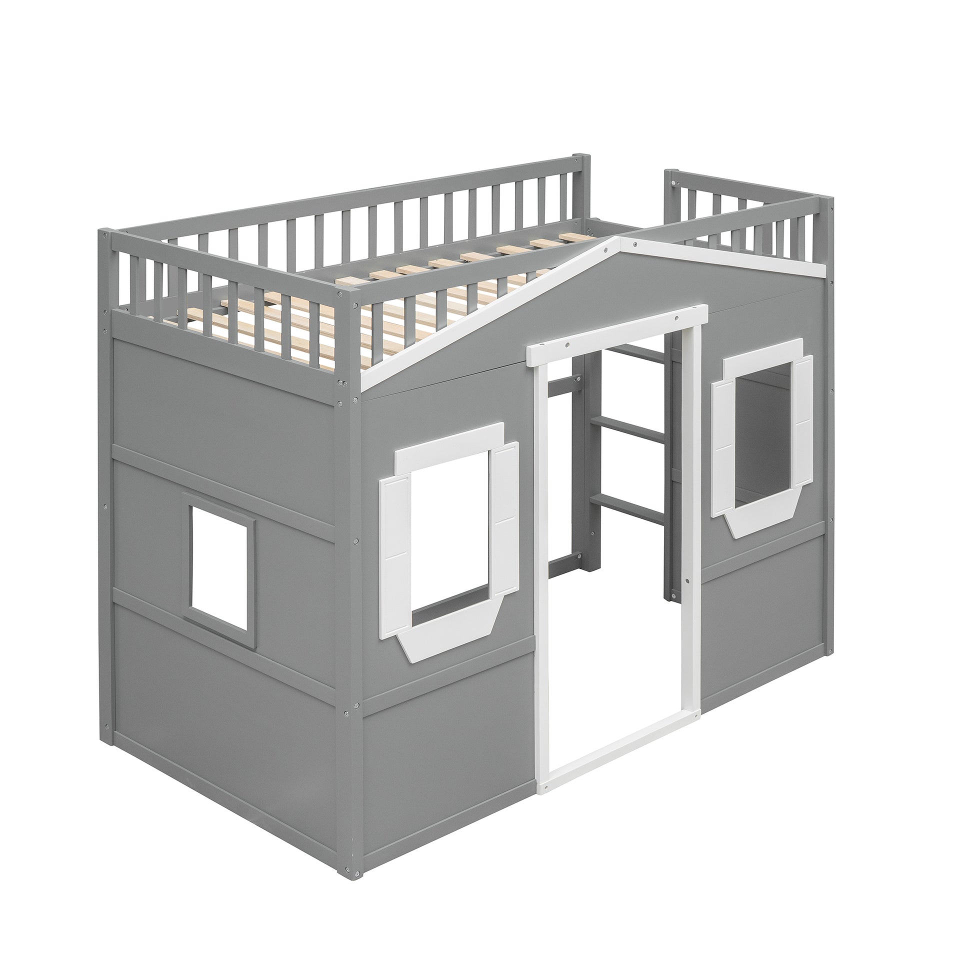 Twin Size House Loft Bed With Ladder Gray White Frame White Gray Solid Wood