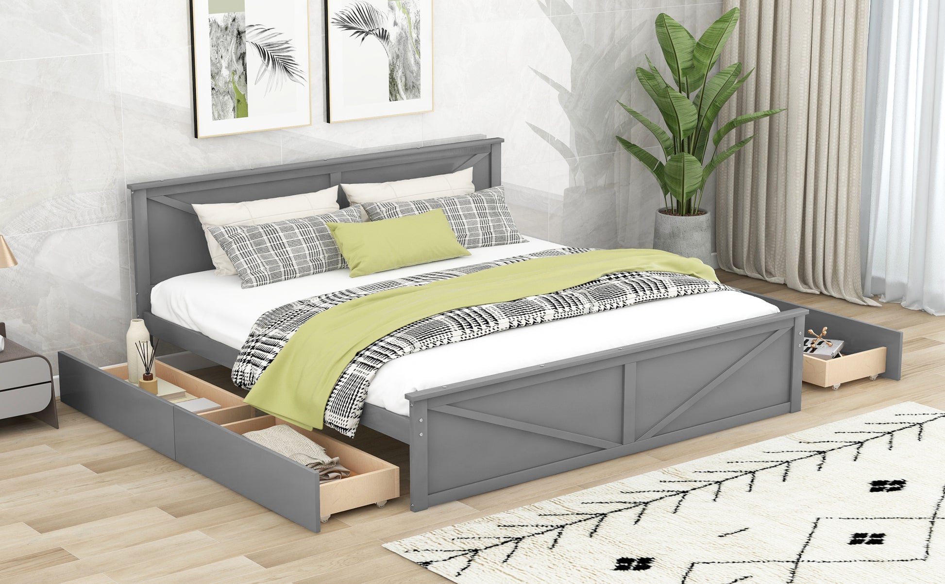 King Size Wooden Platform Bed With Four Storage Drawers And Support Legs, Gray Gray Pine