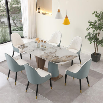 71" Pandora Color Sintered Stone Dining Table With 6 Pcs Chairs Beige Brown Carbon Steel Sintered Stone